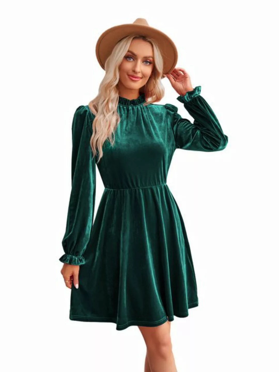ZWY Dirndl Freizeitliches Rollkragen-Samt-Kleid in Unifarbe mit betonter Ta günstig online kaufen
