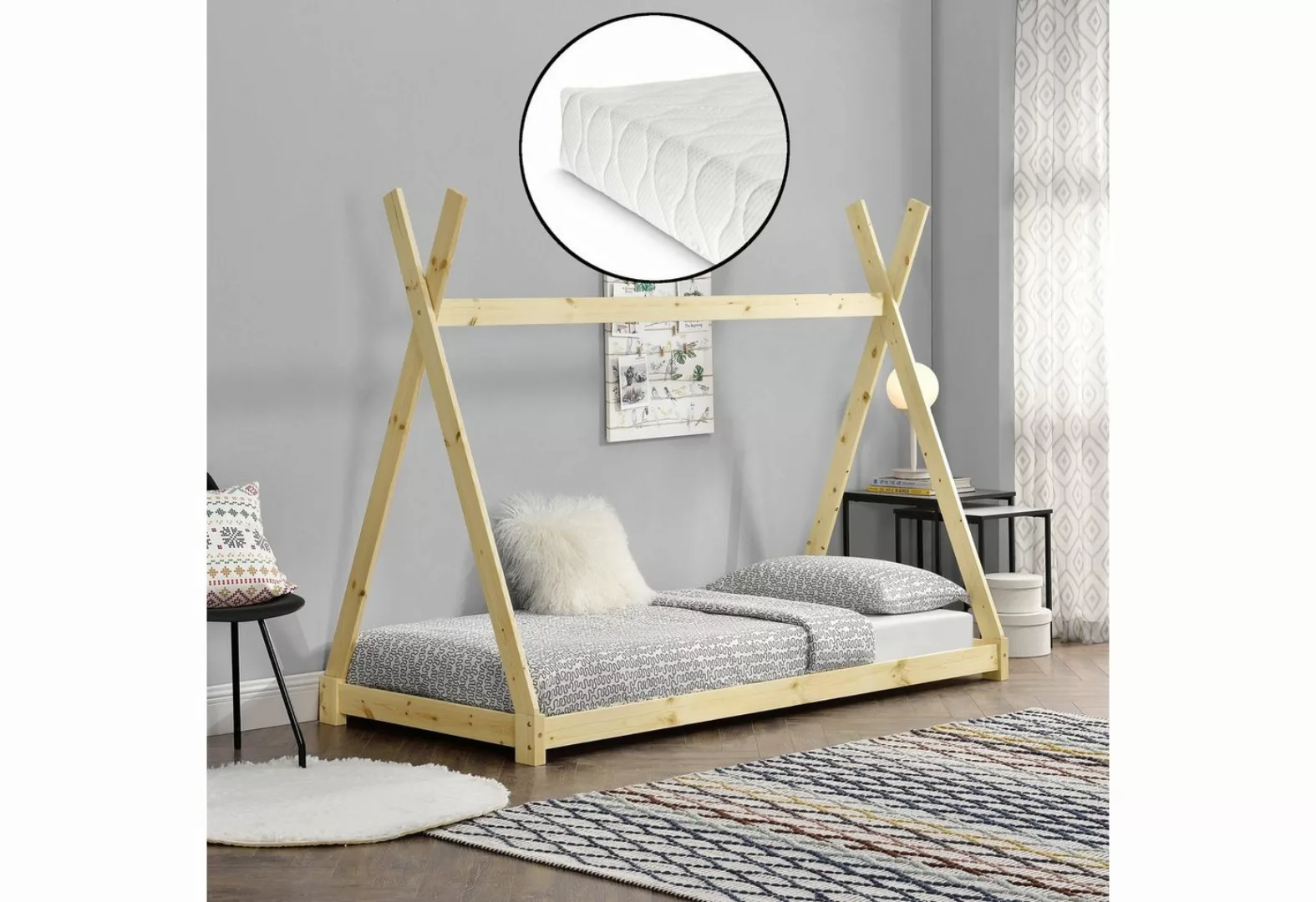 en.casa Kinderbett, »Onejda« Tipi Holzbett mit Kaltschaummatratze 90x200cm günstig online kaufen