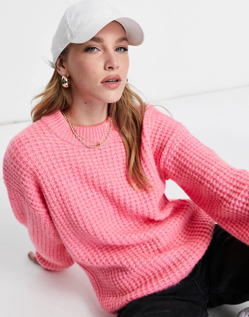 ASOS DESIGN – Strukturierter Grobstrickpullover in Rosa mit Rundhalsausschn günstig online kaufen