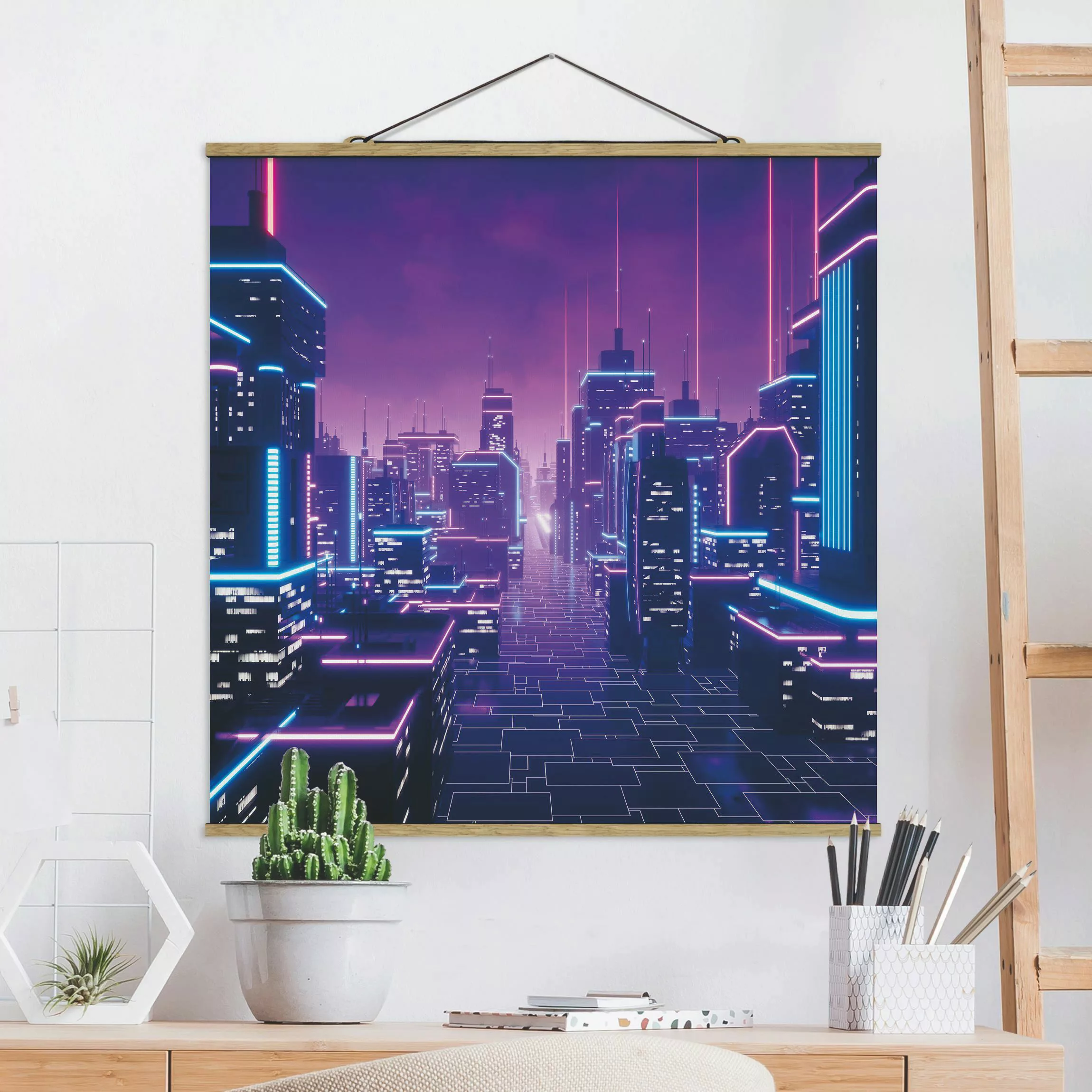 Stoffbild mit Posterleisten Neon Stadtlichter günstig online kaufen