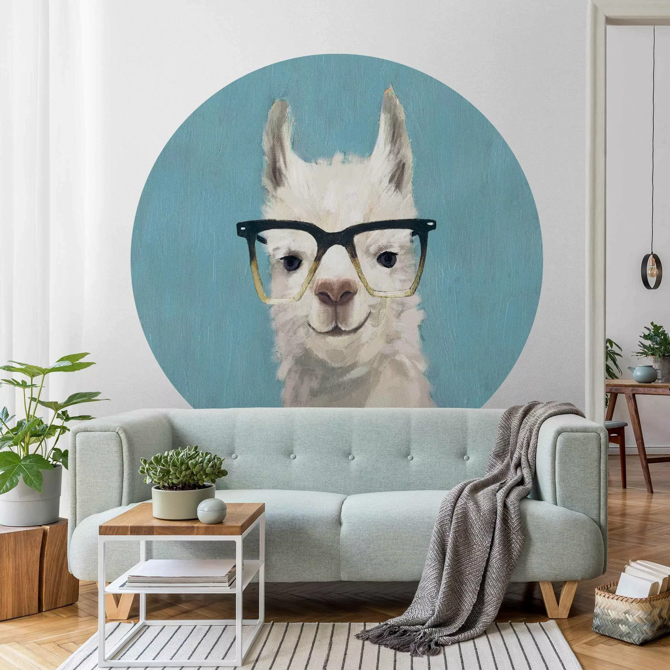 Bilderwelten Runde Tapete selbstklebend Kinderzimmer Lama mit Brille IV wei günstig online kaufen