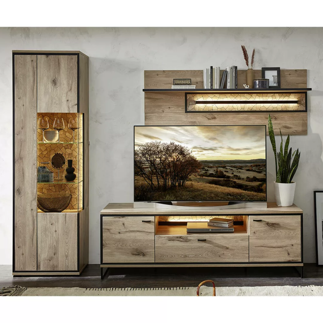 Wohnmöbel Set mit Beleuchtung braun RINGSTED-55 in Eiche 5-teilig mit Couch günstig online kaufen