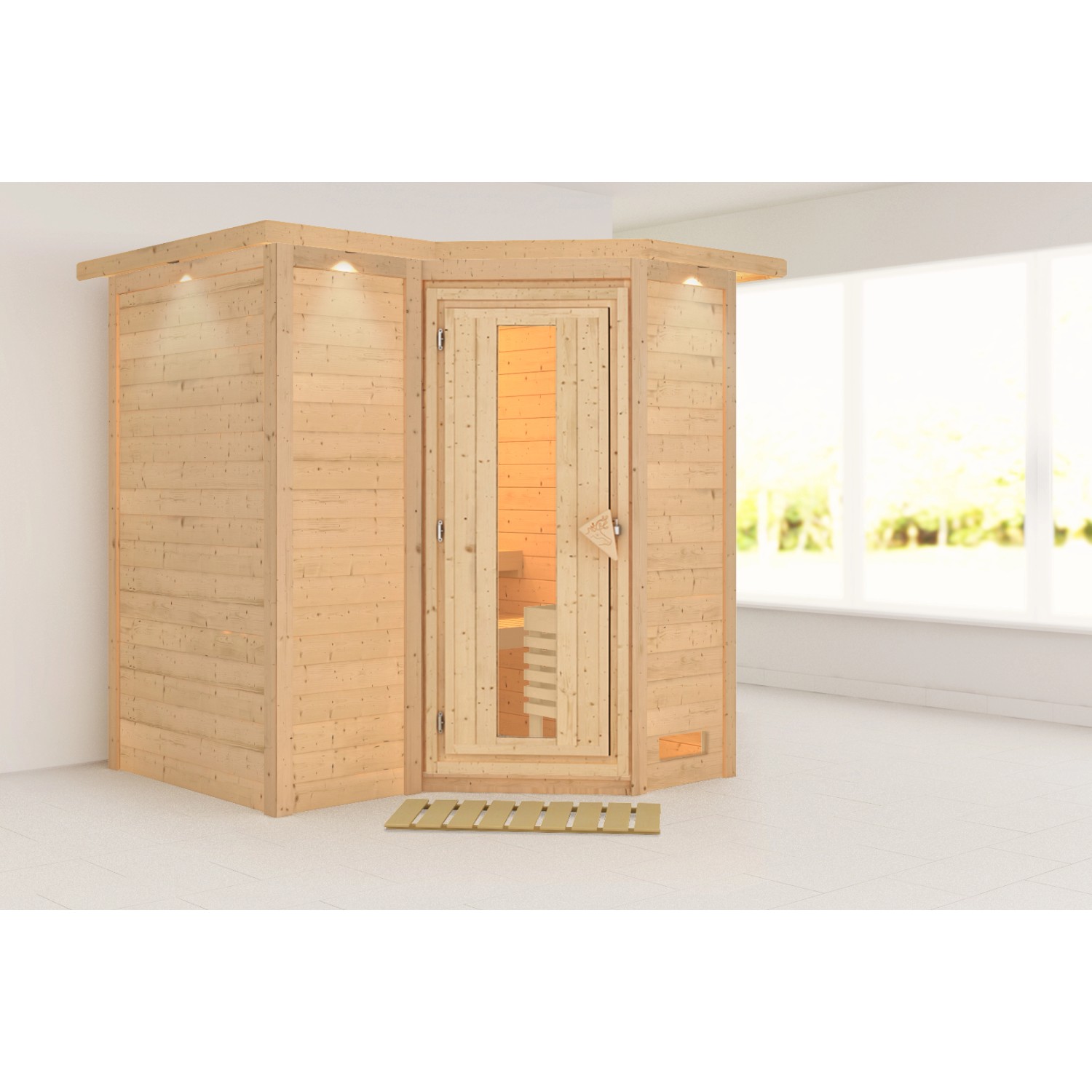 Woodfeeling Sauna Steena 1 naturbelassen mit Dachkranz und Energiespartür günstig online kaufen