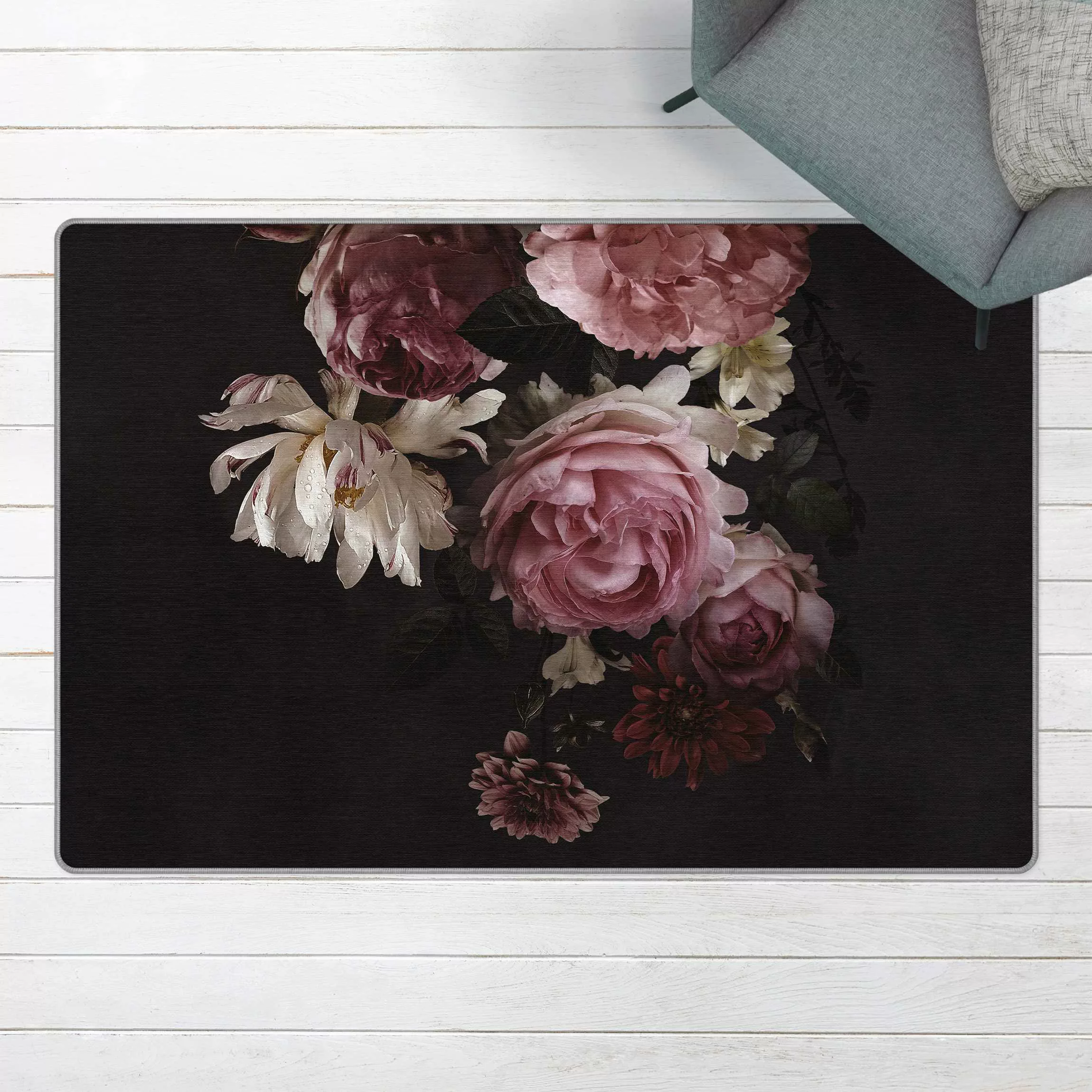 Teppich Rosa Blumen auf Schwarz Vintage günstig online kaufen