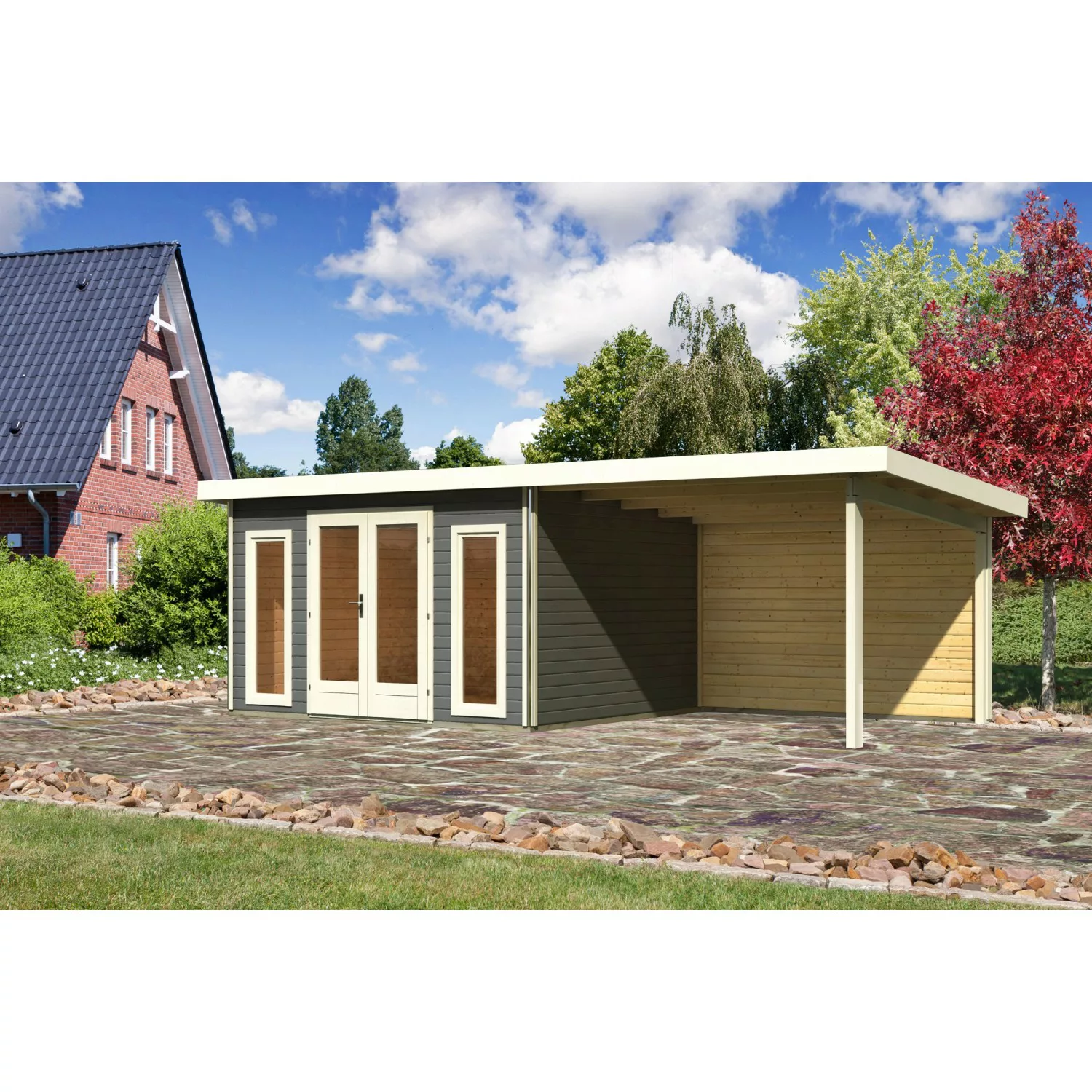 Karibu Holz-Gartenhaus Norrköping Terragrau Pultdach Lackiert 365 cm x 305 günstig online kaufen