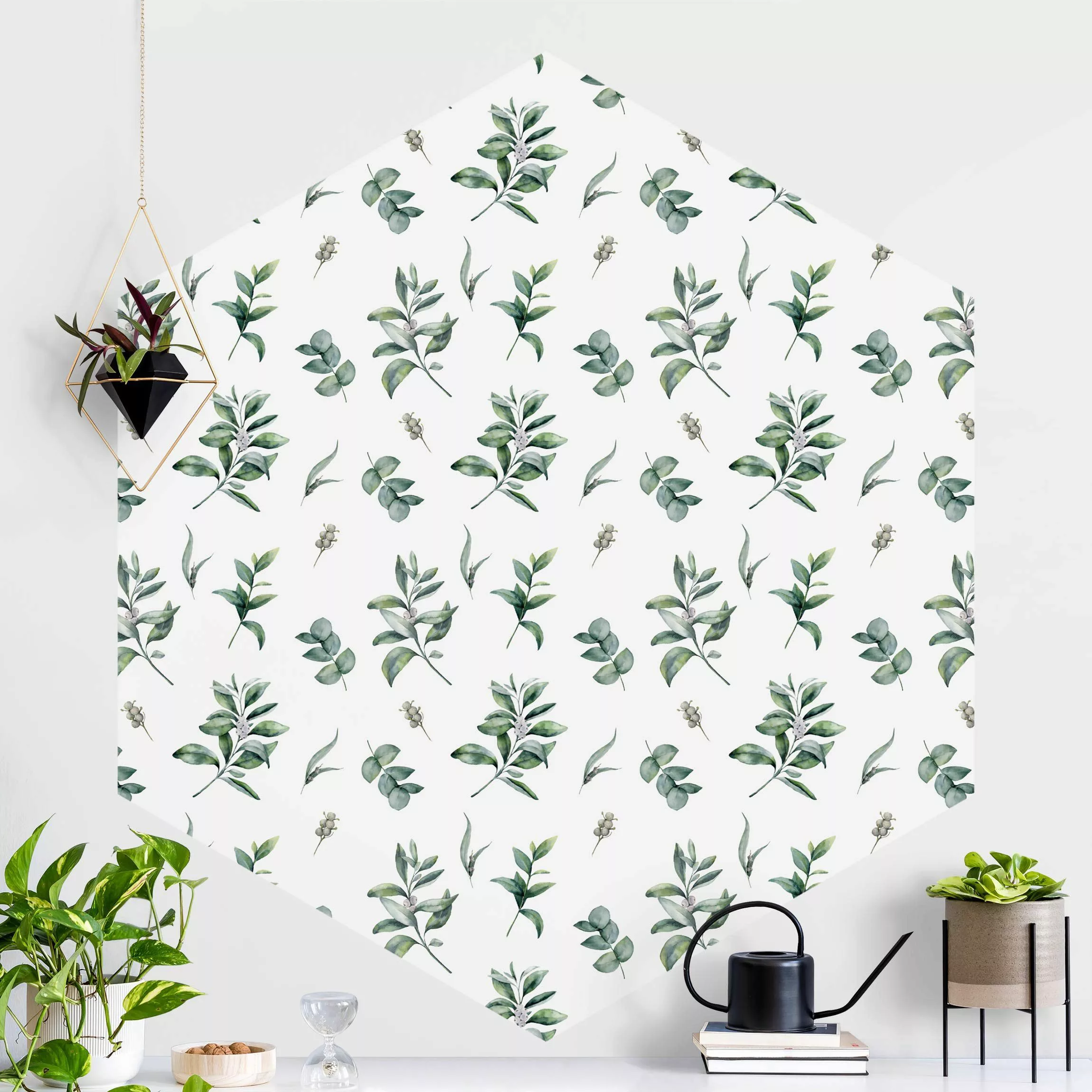 Hexagon Mustertapete selbstklebend Aquarell Muster Zweige und Blätter günstig online kaufen