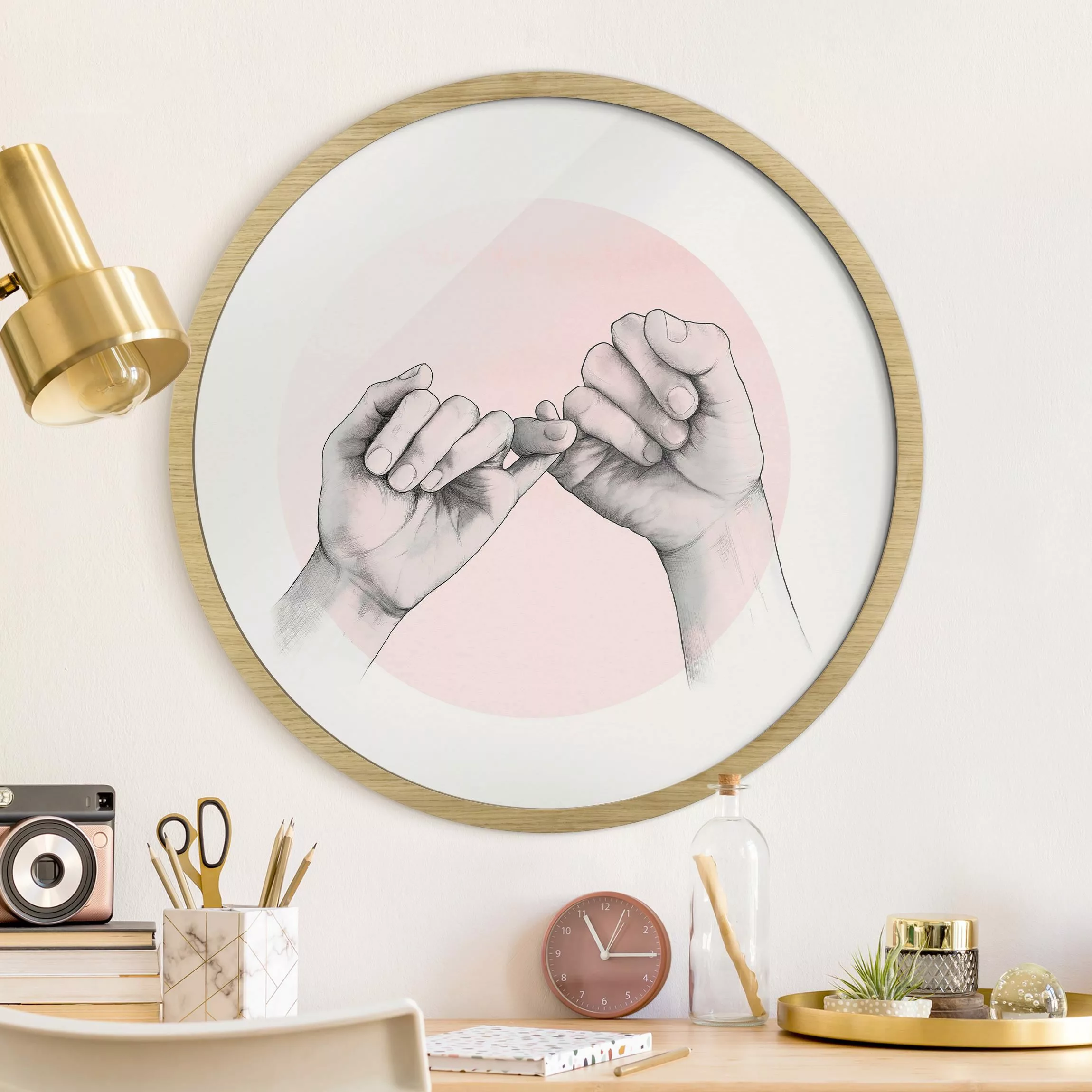 Rundes Gerahmtes Bild Illustration Hände Freundschaft Kreis Rosa Weiß günstig online kaufen