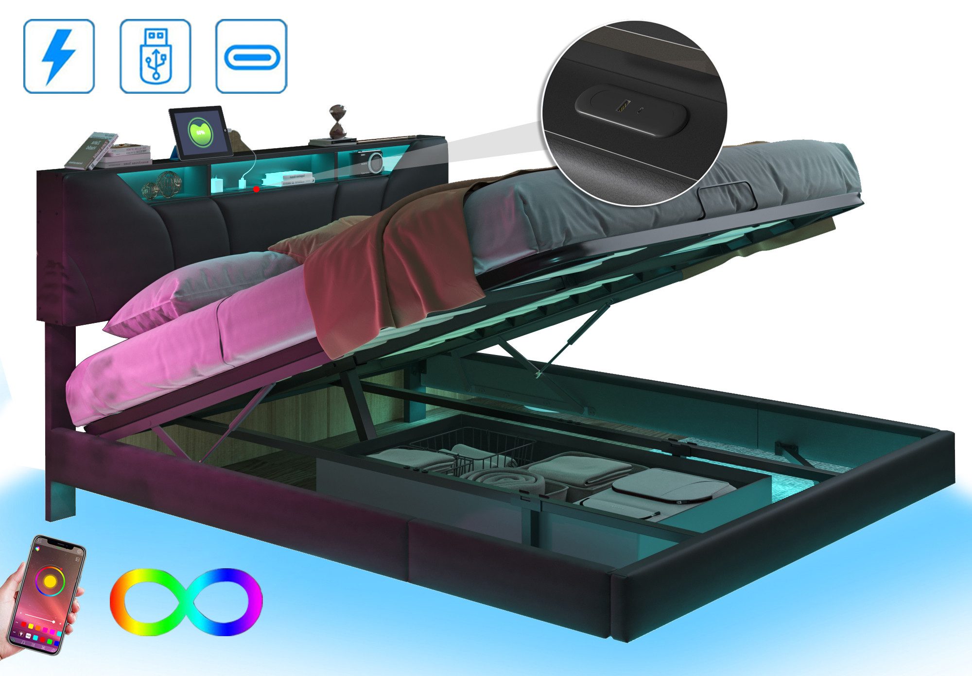 FUROKOY Polsterbett Doppelbett Stauraumbett mit Hydraulisch günstig online kaufen