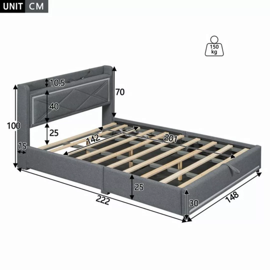 Flieks Polsterbett, LED Hydraulisches Stauraumbett 140x200cm mit USB-Auflad günstig online kaufen