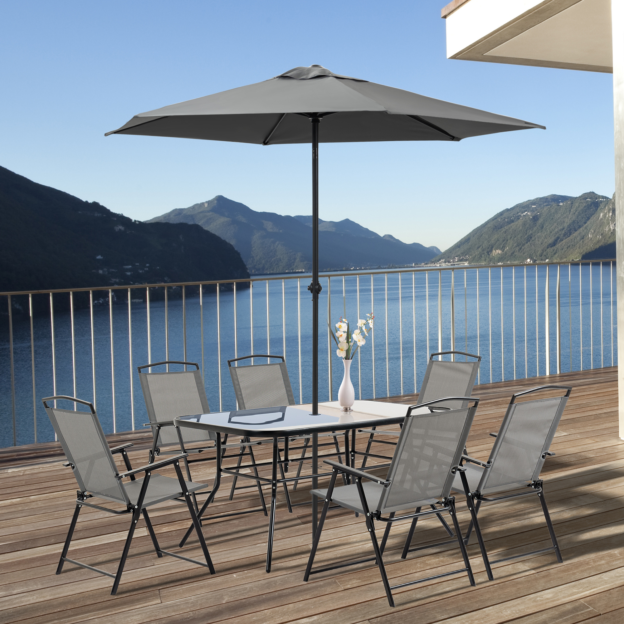 Outsunny Gartenmöbel-Set 8-teilig mit großem Sonnenschirm, Tisch Abm. 140L günstig online kaufen