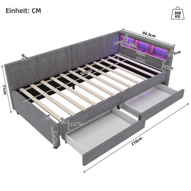 HAUSS SPOLE Polsterbett 90x200cm mit Ablagefach, USB+Typ C, LED-Licht, 2 Sc günstig online kaufen