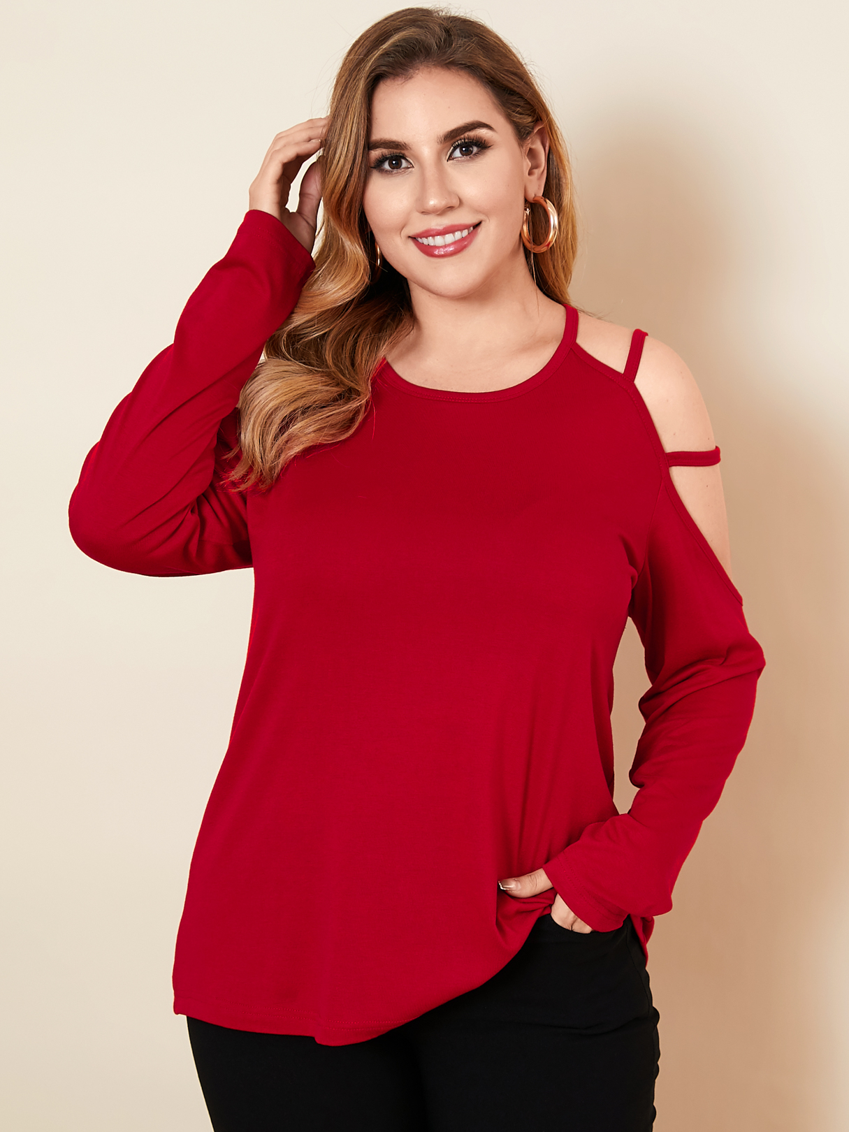 YOINS Plus Größe Cold Shoulder Long Sleeves Tee günstig online kaufen