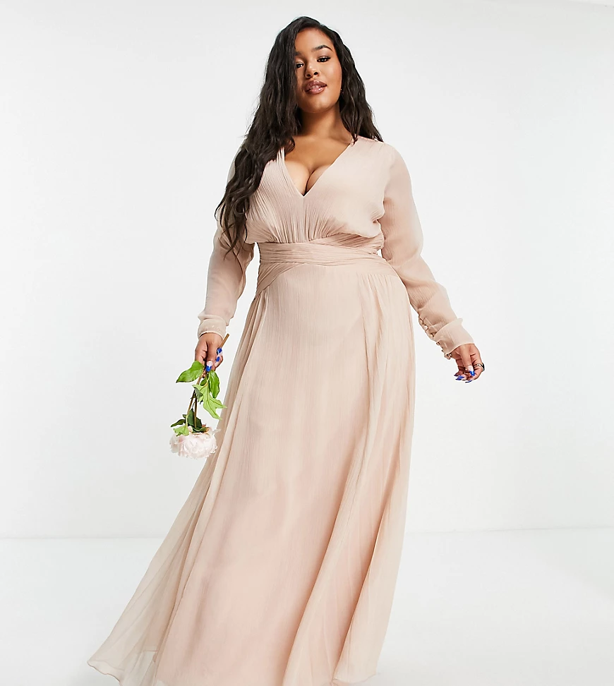 ASOS DESIGN Curve – Langärmliges Brautjungfern-Maxikleid in Zartrosa mit ge günstig online kaufen