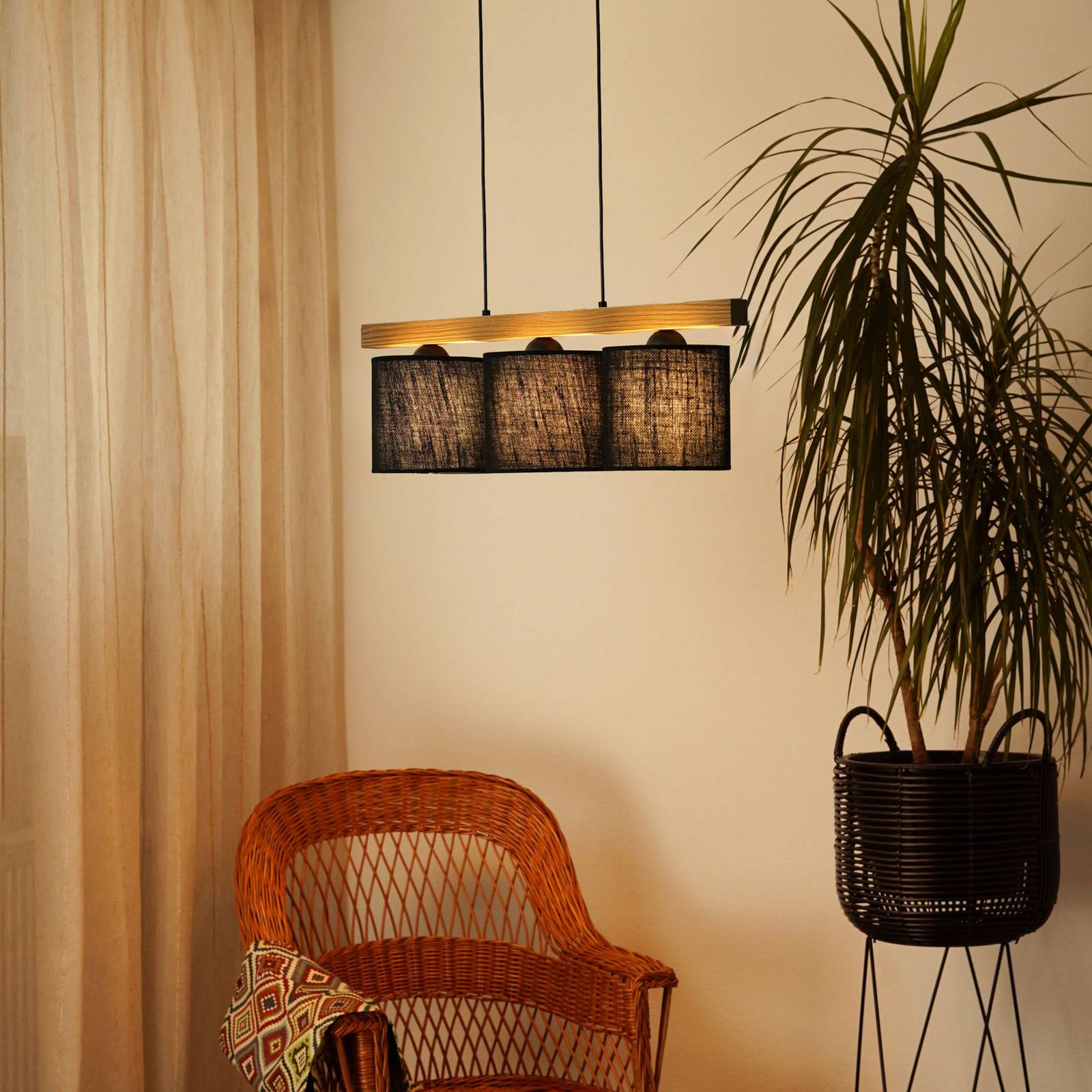 Pendellampe Forest, Holz hell/schwarz, Jute schwarz, 3-fl. günstig online kaufen