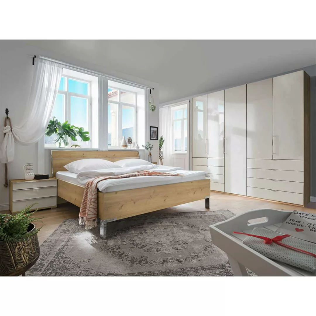 Schlafzimmer Set in Beige und Eiche Bianco glasbeschichtet (vierteilig) günstig online kaufen