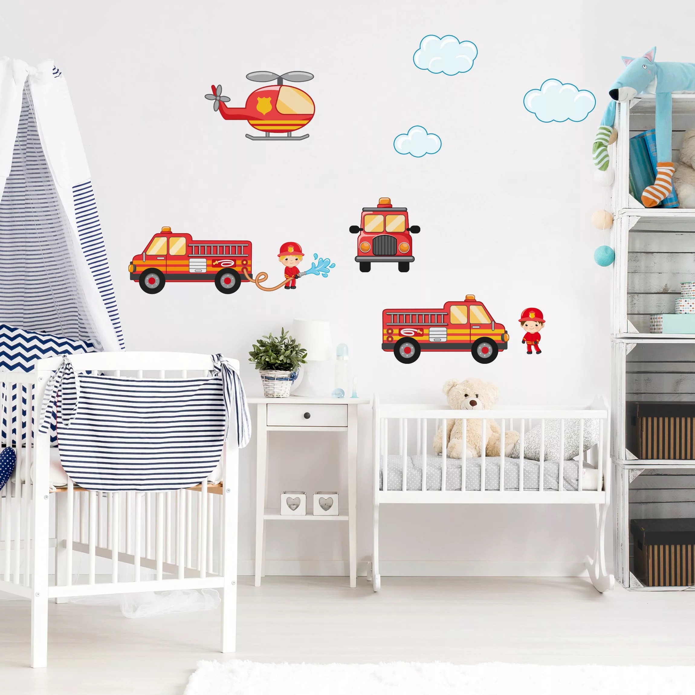 Wandtattoo Kinderzimmer Feuerwehr-Set mit Fahrzeugen günstig online kaufen