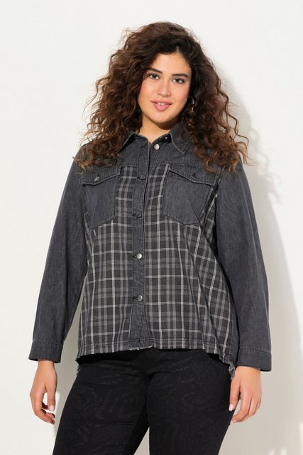 Ulla Popken Longbluse Jeanshemd Flanell-Einsatz Hemdkragen Fransen günstig online kaufen