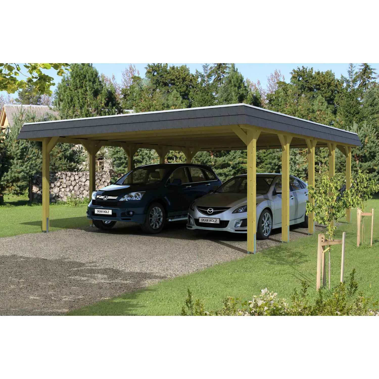 Skan Holz Walmdach-Doppelcarport Spreewald 585 cm x 741 cm Blende in Schwar günstig online kaufen