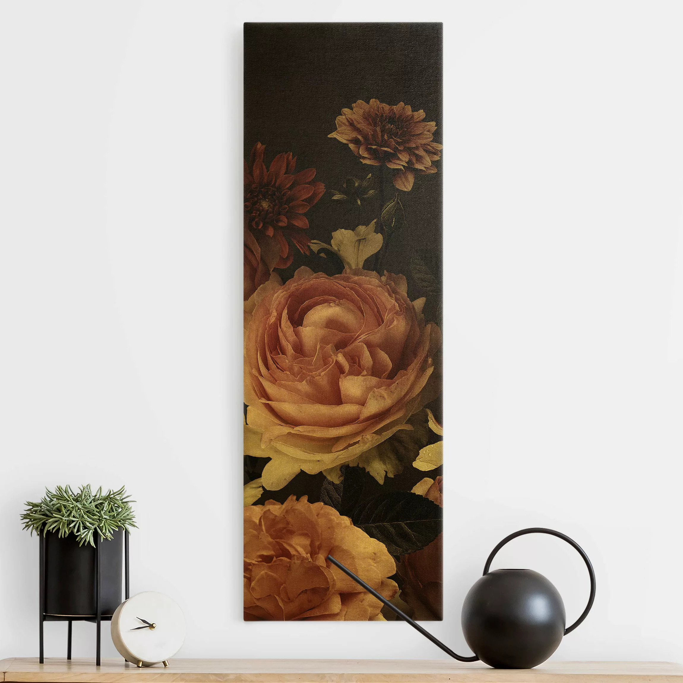 Leinwandbild Gold Rosa Blumen auf Schwarz Vintage günstig online kaufen