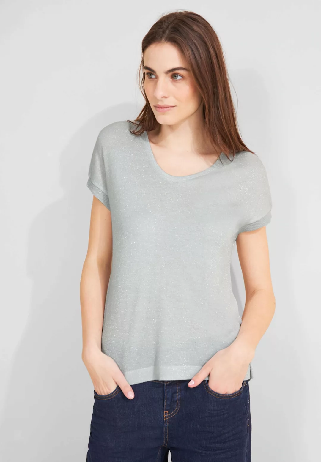 STREET ONE Stricktop "LTD QR V-Neck shiny Shirt", mit tiefem Rundhalsaussch günstig online kaufen