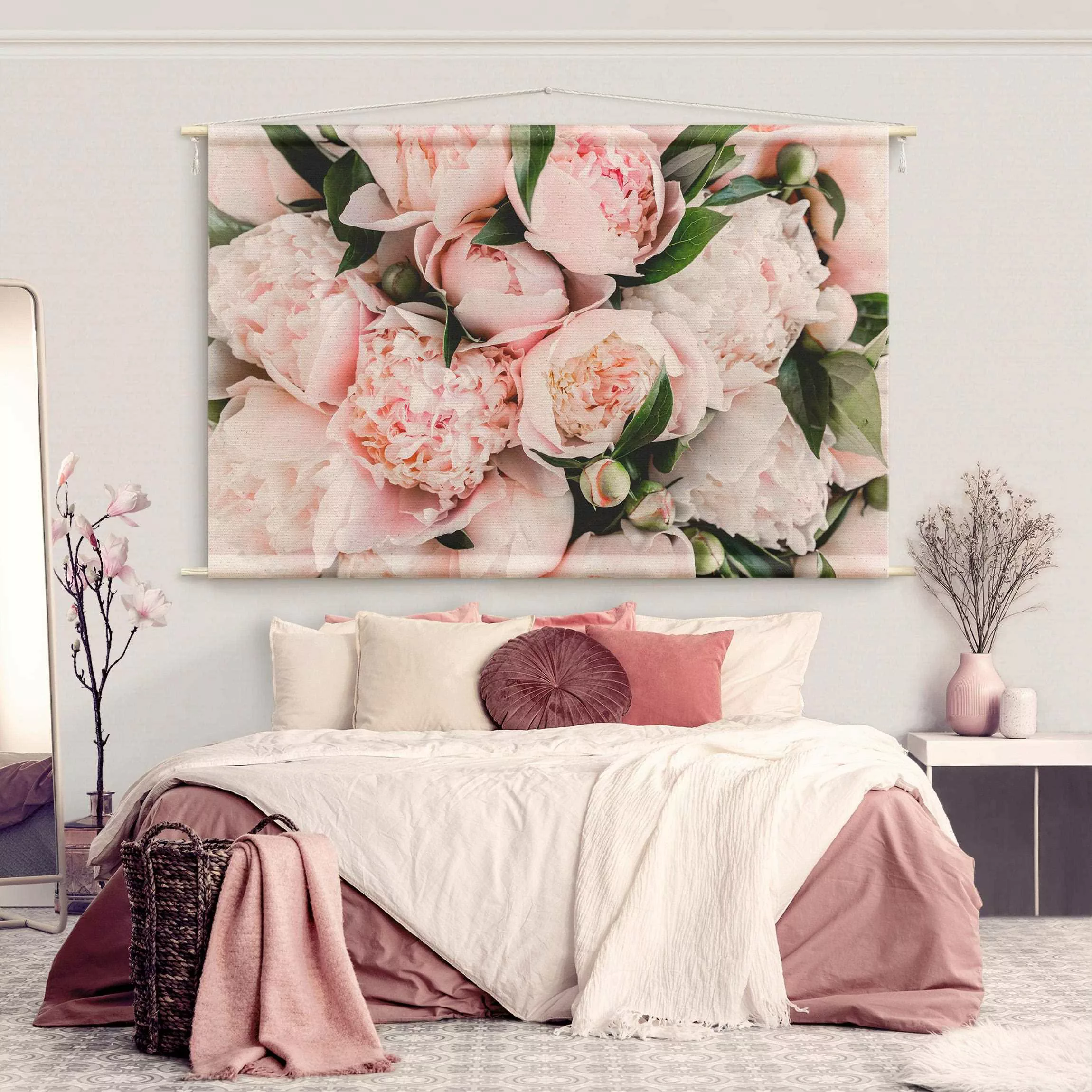 Wandteppich Rosa Pfingstrosen mit Blättern günstig online kaufen