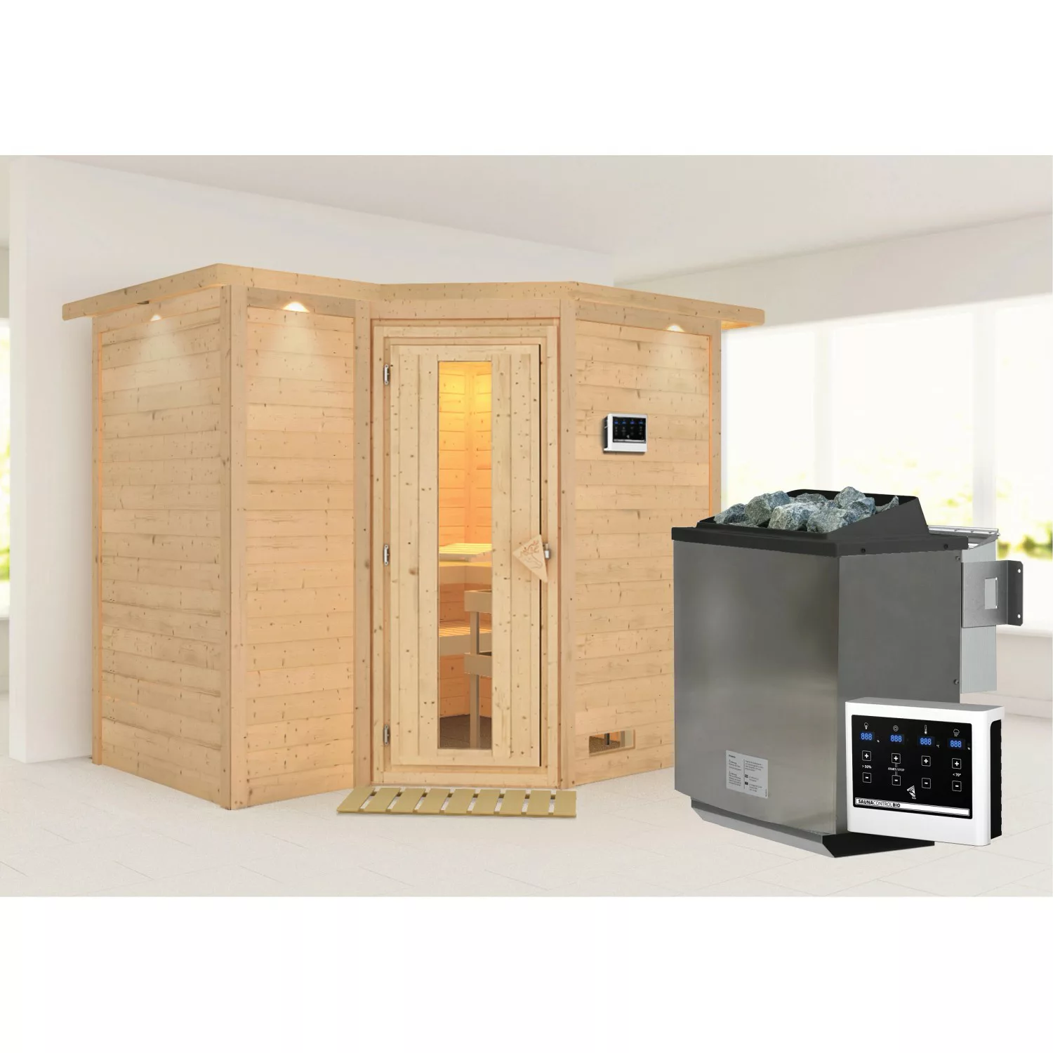 Karibu Sauna Steena 2 mit Bio-Ofen externe Stg.LED-Dachkranz Natur günstig online kaufen