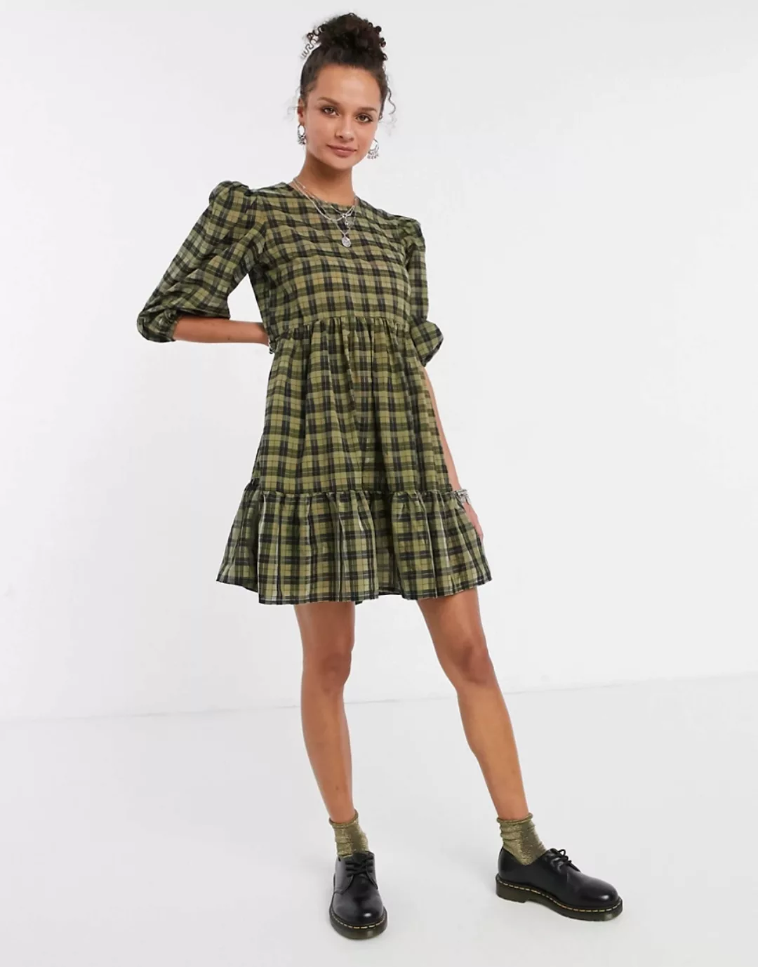 New Look – Mini-Hängerkleid in Grün kariert günstig online kaufen