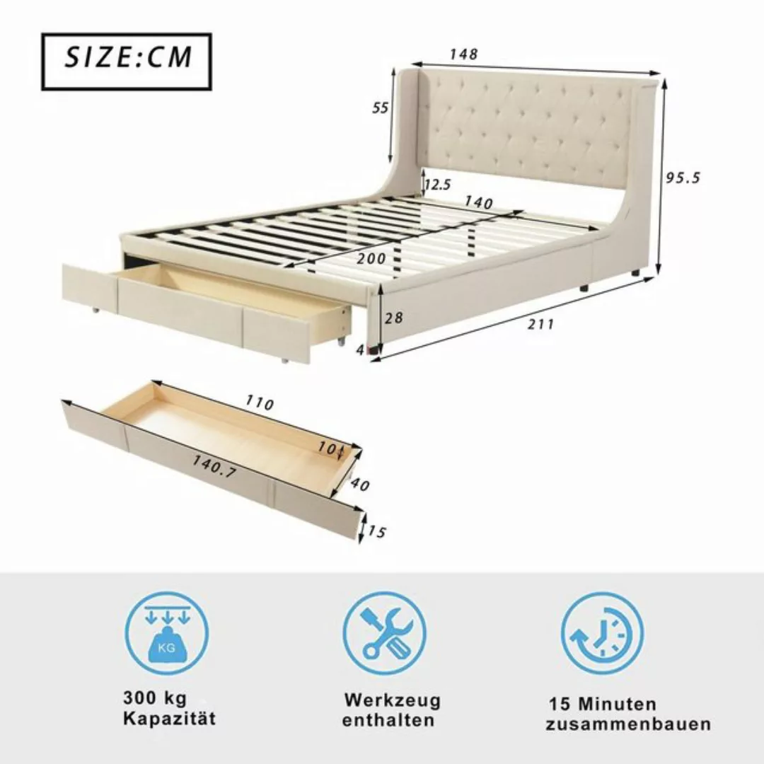 Odikalo Polsterbett Doppelbett Lattenrost Rückenlehne Schubladen Leinen Bei günstig online kaufen