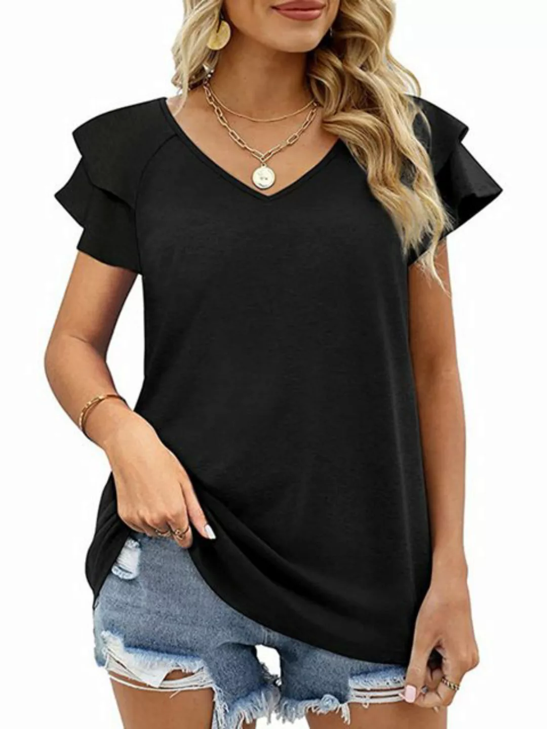B.X T-Shirt Damen V-Ausschnitt Oberteile mit kurzärmelige,Rüschenärme T-Shi günstig online kaufen