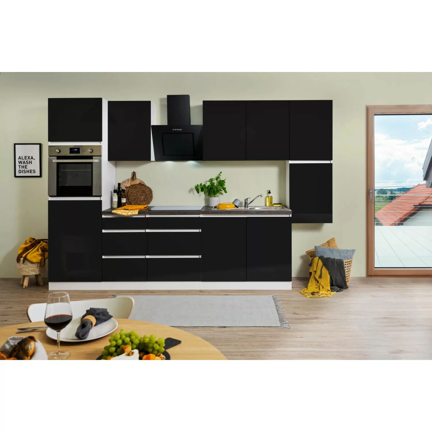 Respekta Küchenzeile ohne E-Geräte 320 cm Grifflos Schwarz Hochglanz-Weiß günstig online kaufen