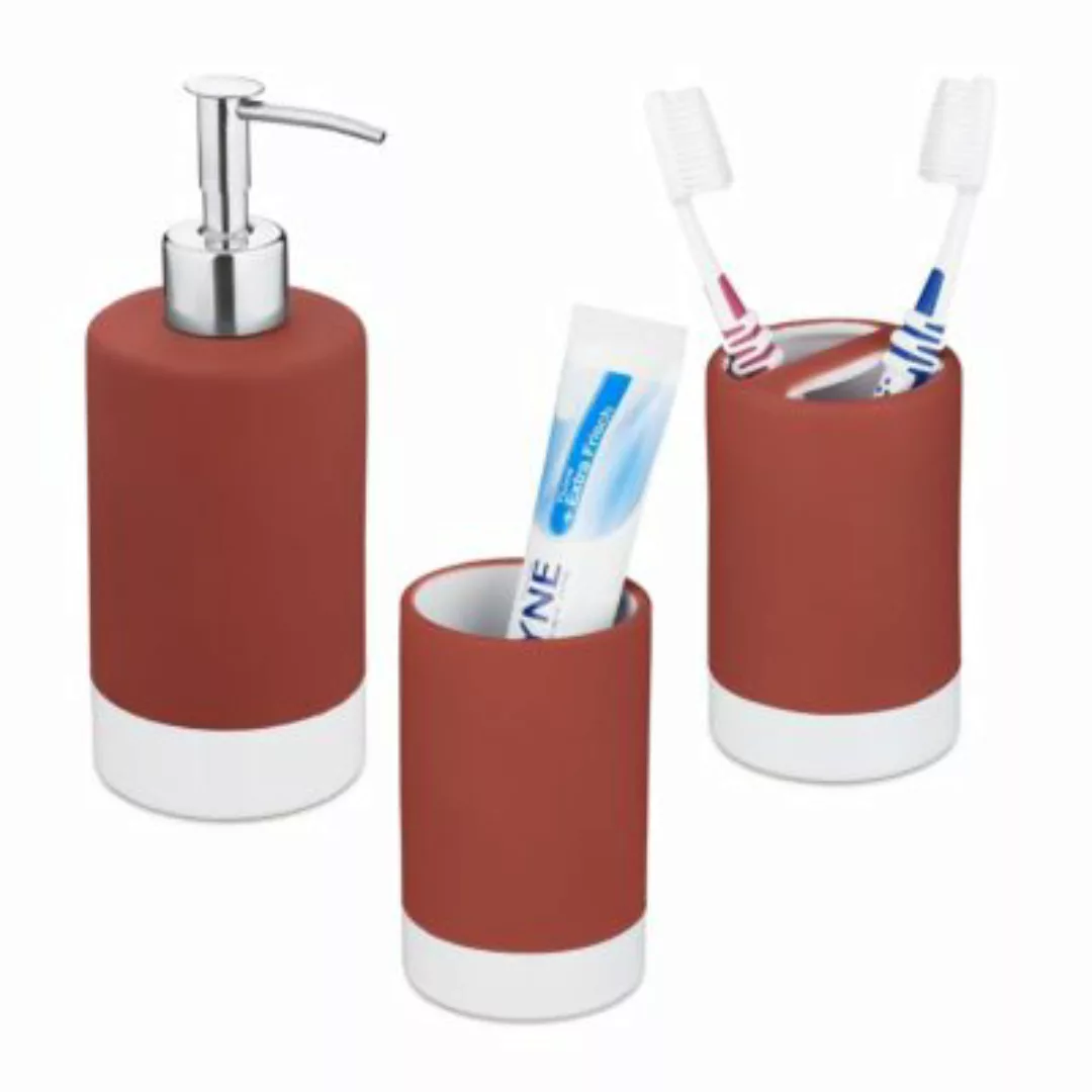 relaxdays 3-teiliges Badezimmer Set Keramik rot/weiß günstig online kaufen