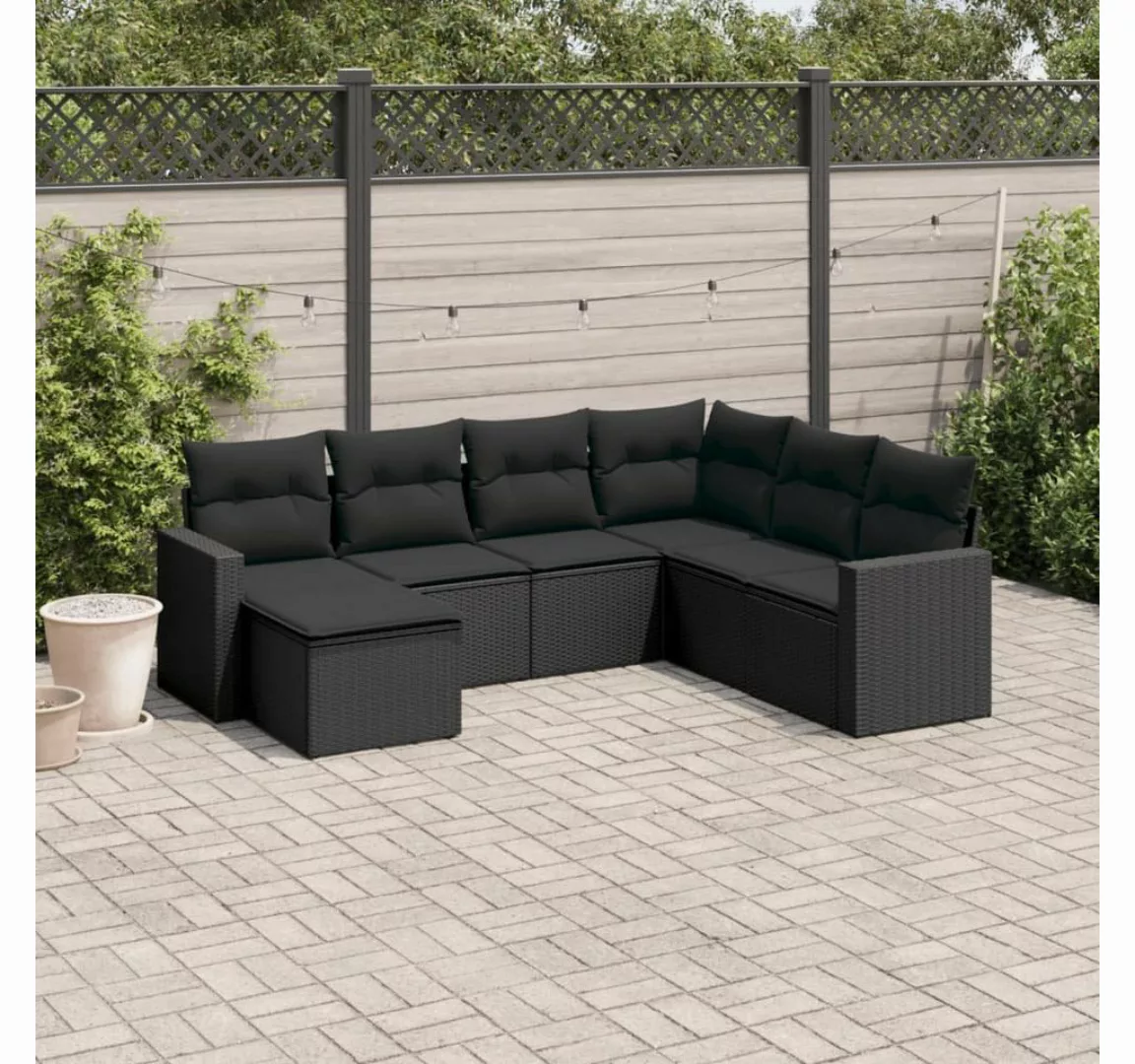 vidaXL Loungesofa 7-tlg. Garten-Sofagarnitur mit Kissen Schwarz Poly Rattan günstig online kaufen