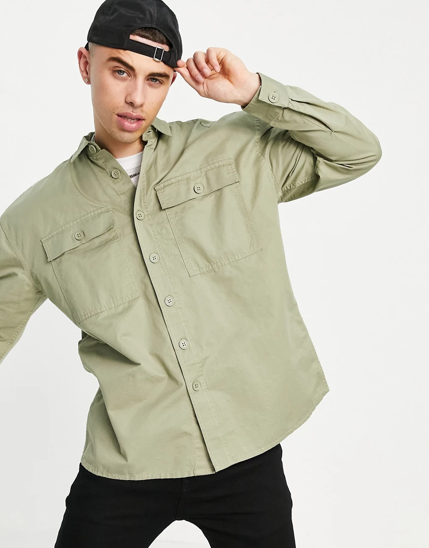 New Look – Legere Hemdjacke in verwaschenem Khaki-Grün günstig online kaufen
