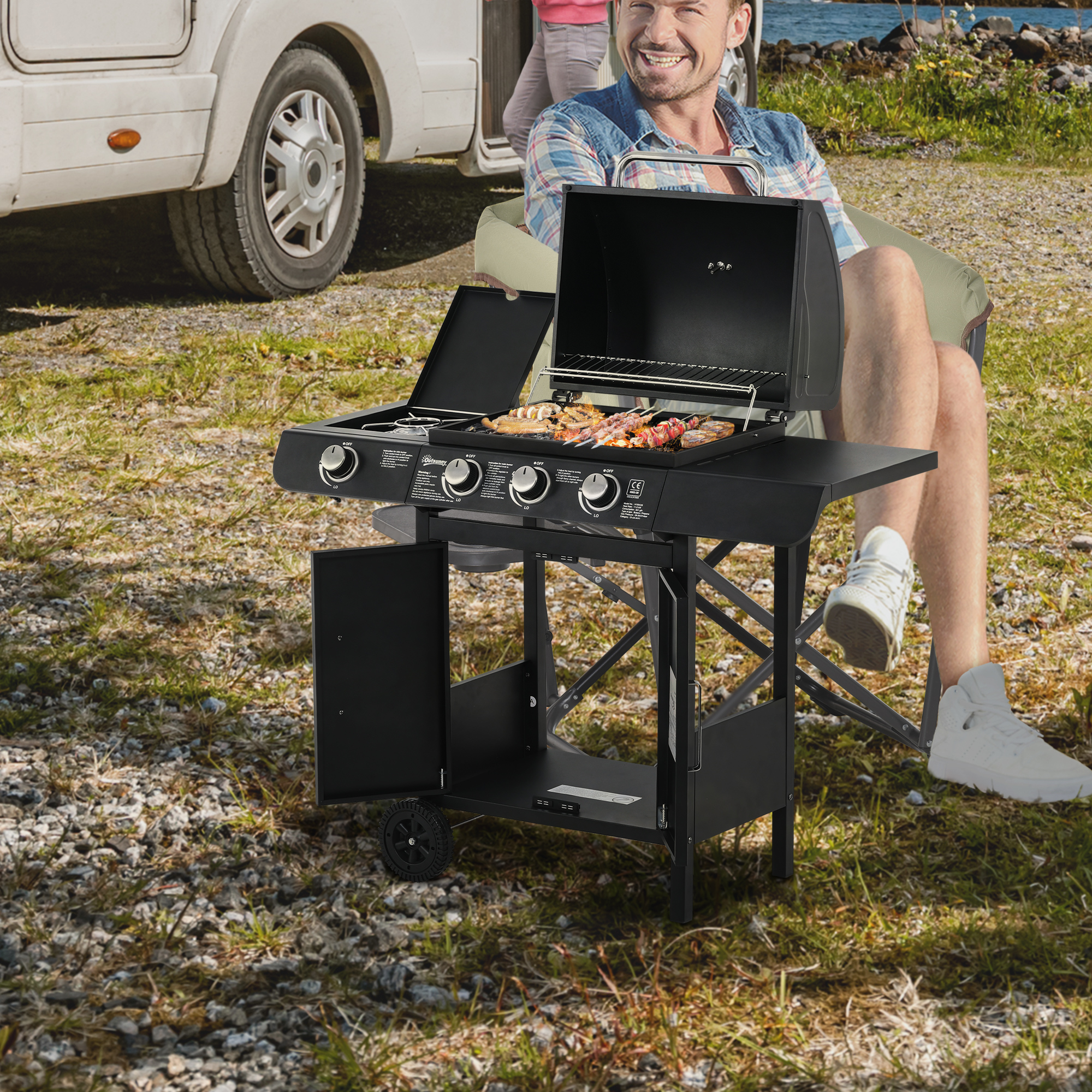 Outsunny Gasgrill BBQ Grillwagen mit 3 Brennern und 1 Seitenbrenner, Druckm günstig online kaufen