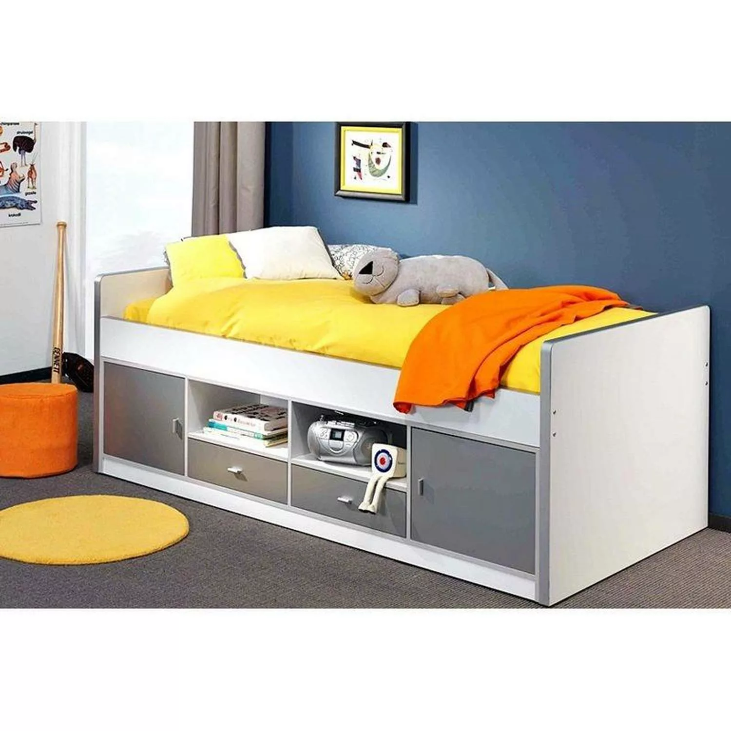 Lomadox Kinderbett, 90x200cm, mit viel Stauraum, weiß/grau günstig online kaufen