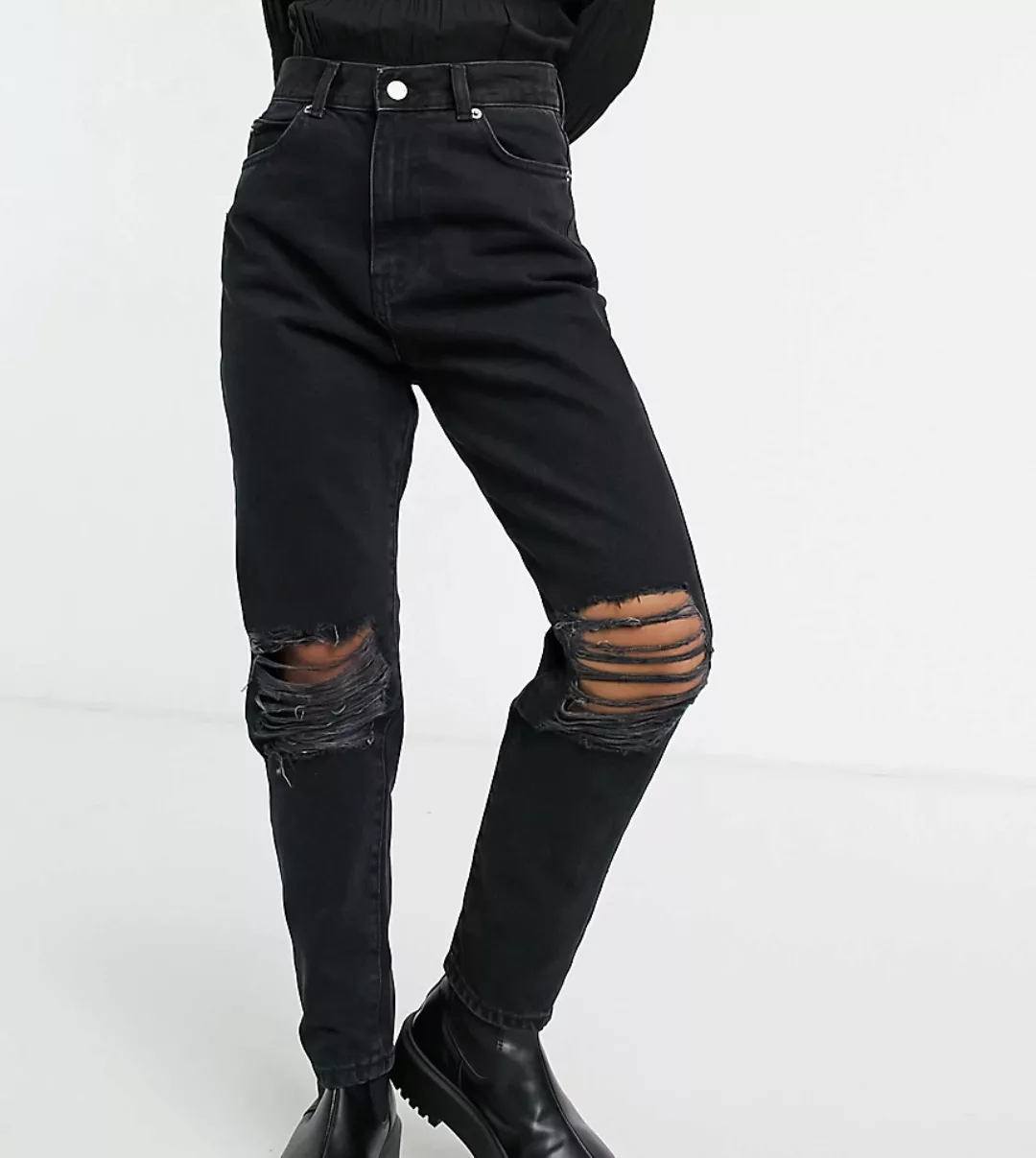 Dr Denim Petite – Nora – Lockere Jeans mit extremen Rissen in Schwarz günstig online kaufen