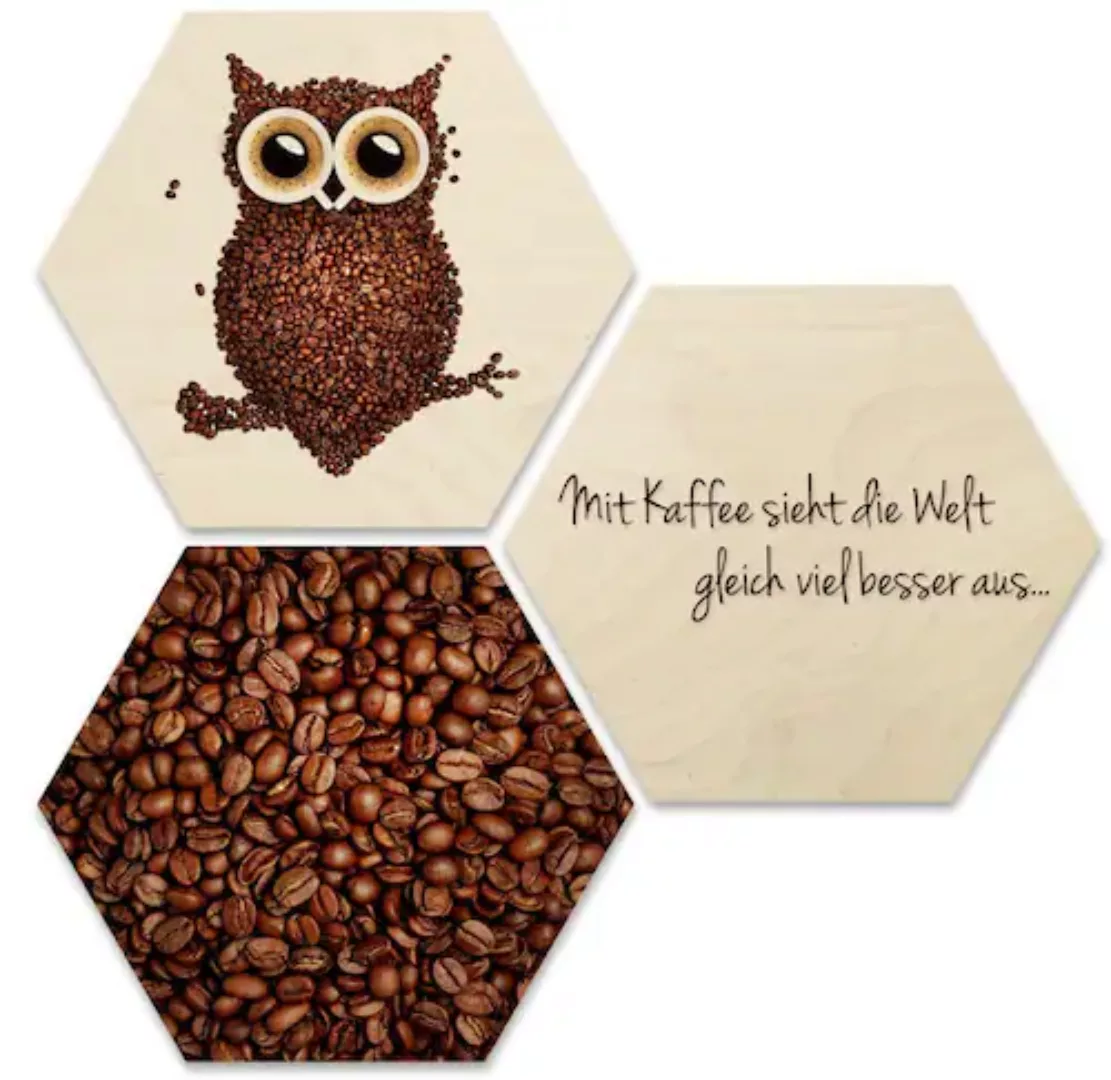 Wall-Art Mehrteilige Bilder »Collage Kaffee Eule Holzdeko«, Schriftzug, (Se günstig online kaufen