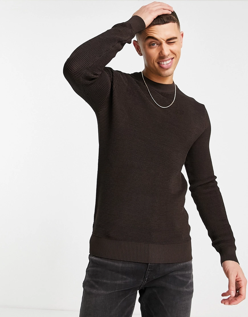 River Island – Langärmliger Strickpullover in Braun mit Waffelstruktur günstig online kaufen