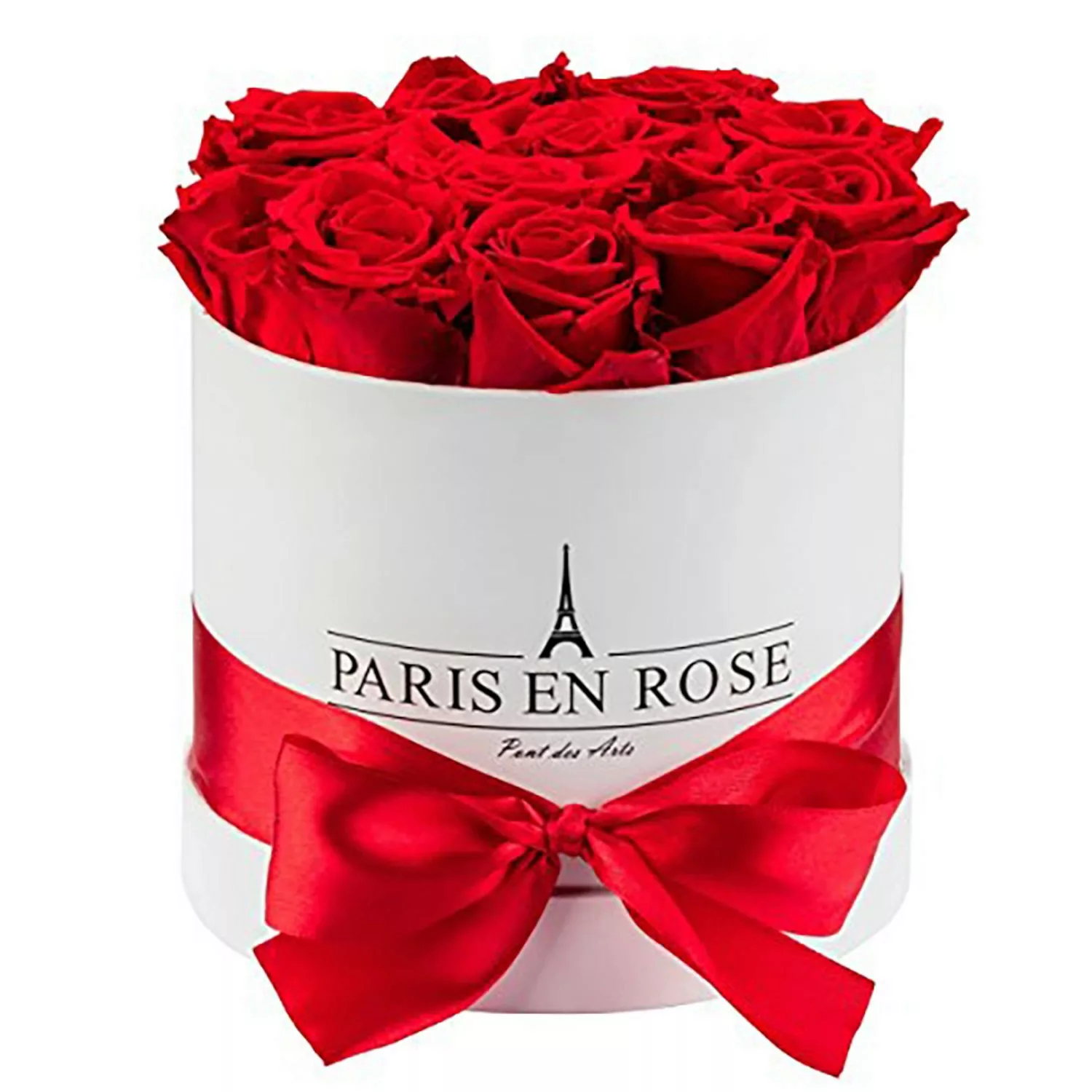 Rosenbox Ø 14,5 cm Weiß mit Schleife und 9 Roten Rosen günstig online kaufen