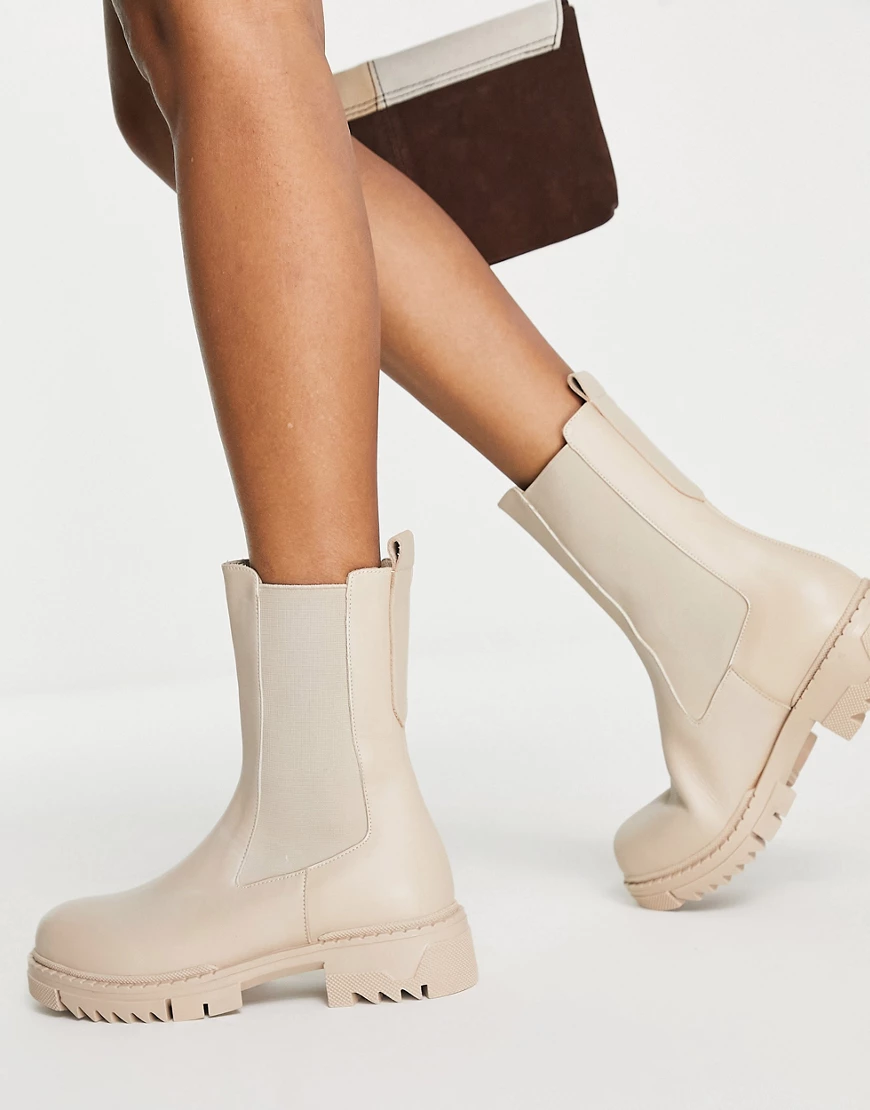 NA-KD – Lederstiefel in Beige mit dicker Sohle-Neutral günstig online kaufen