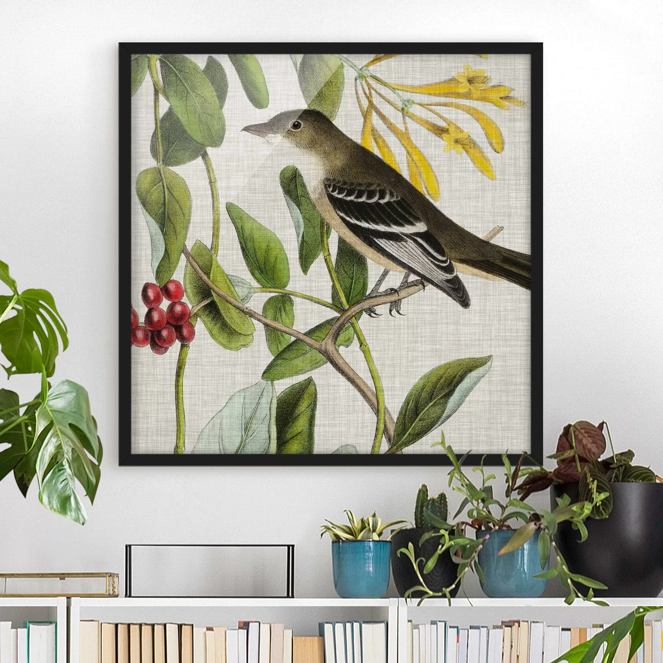 Bild mit Rahmen Blumen - Quadrat Vogel auf Leinen Gelb II günstig online kaufen