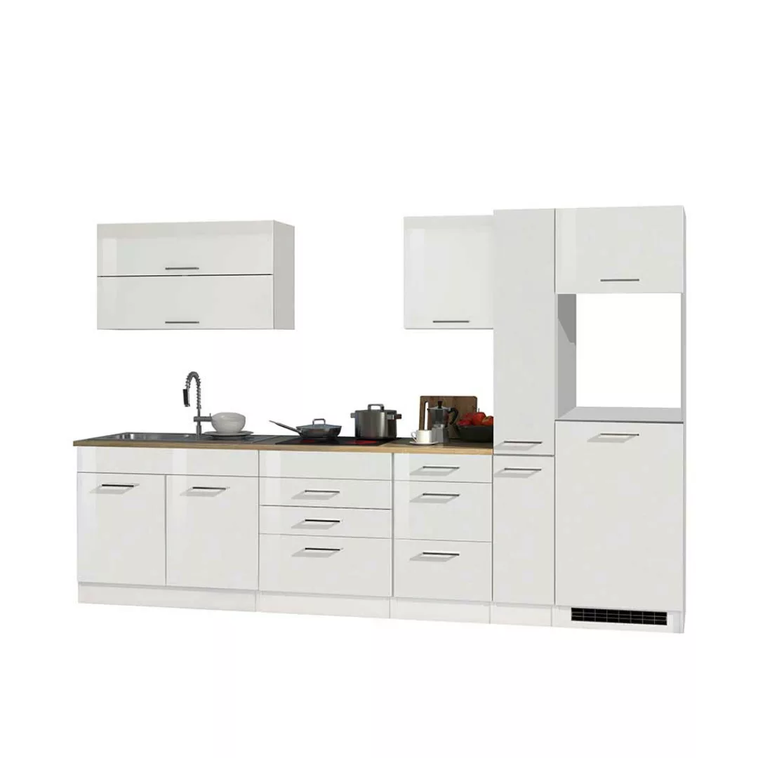 Küchenzeile in Hochglanz Weiß 320 cm breit (achtteilig) günstig online kaufen