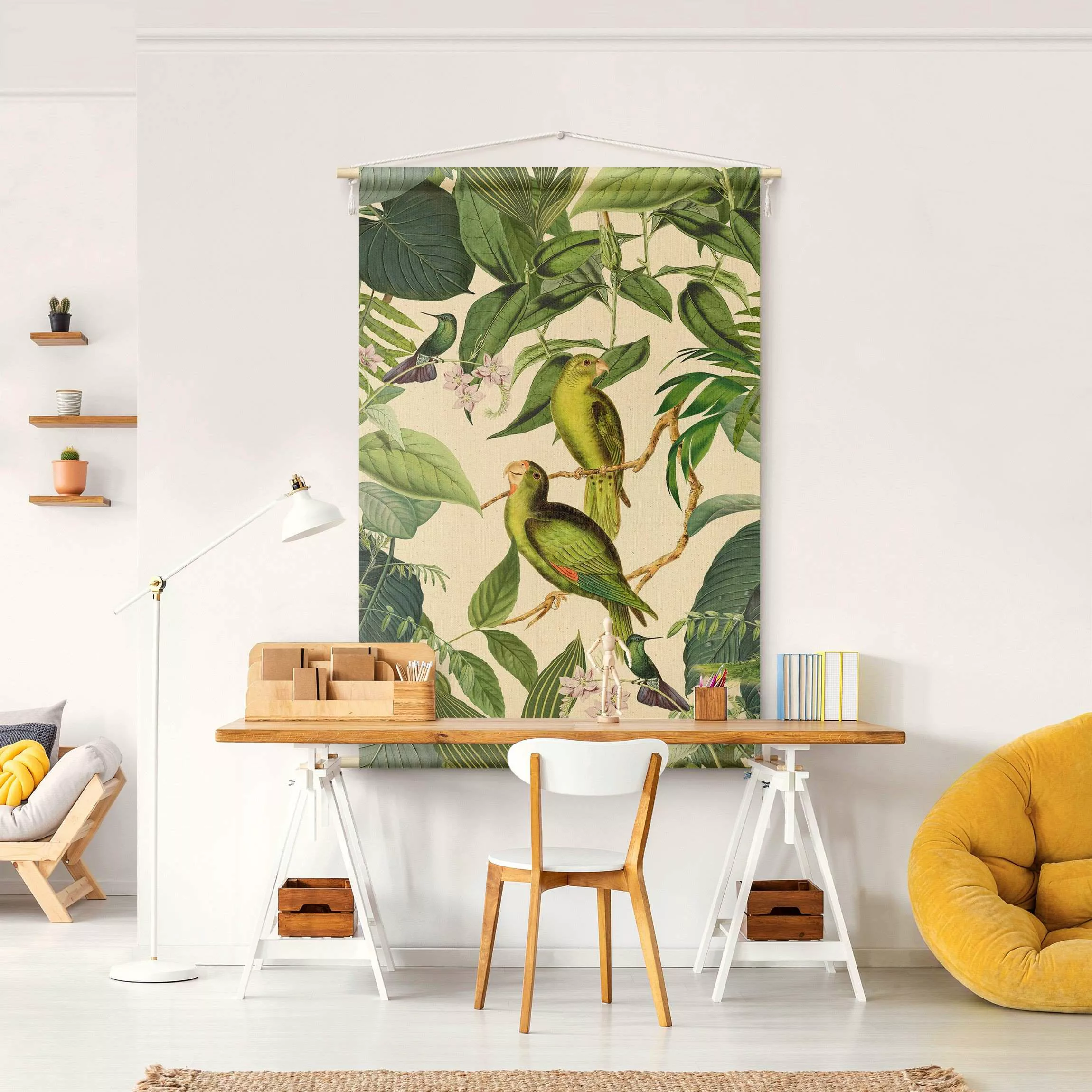 Wandteppich Vintage Collage - Papageien im Dschungel günstig online kaufen