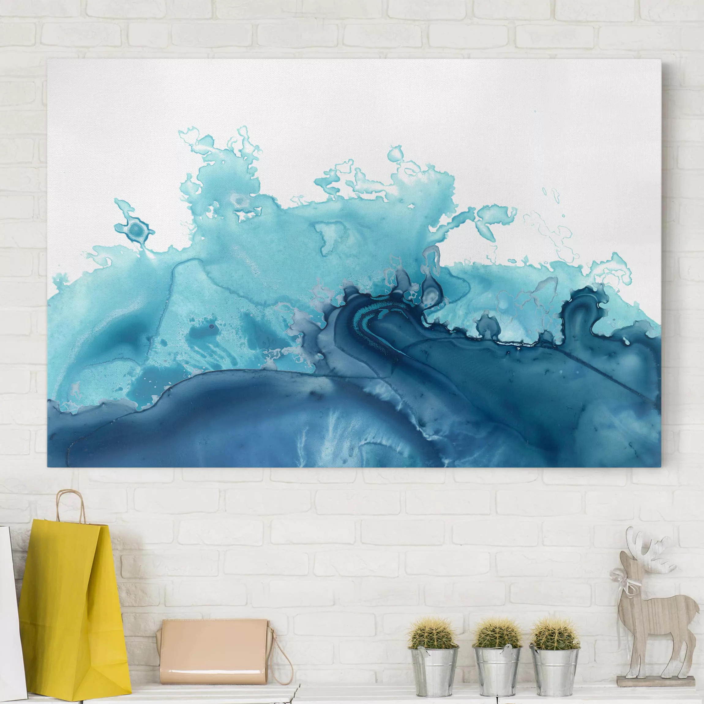 Leinwandbild Abstrakt - Querformat Welle Aquarell Blau I günstig online kaufen