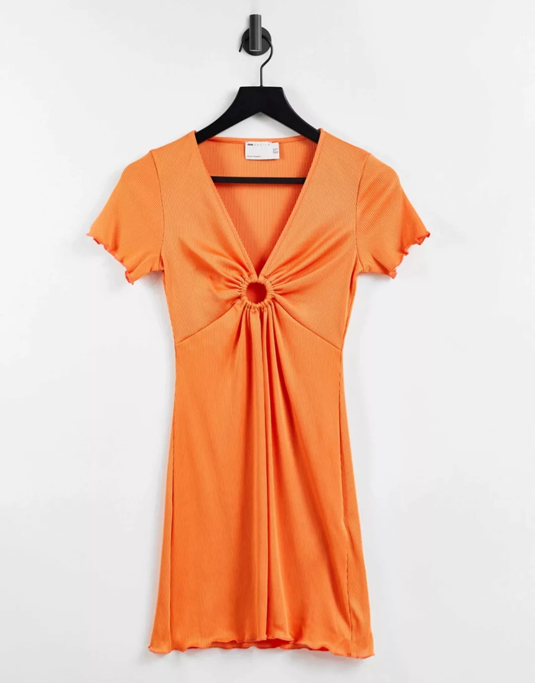 ASOS DESIGN – Kurzärmliges Minikleid in Orange mit Rippenstruktur und Ringd günstig online kaufen