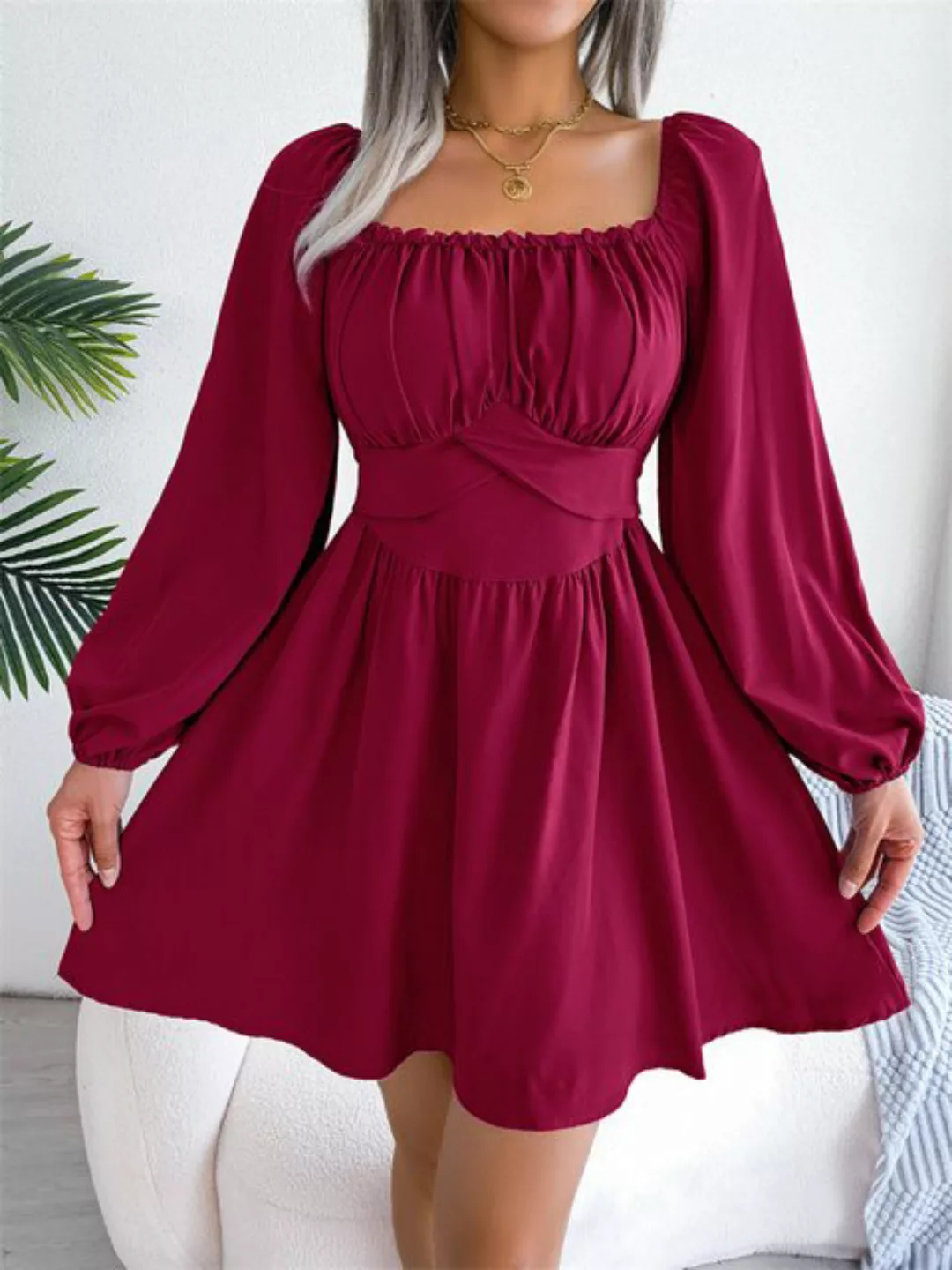 RUZU UG Dirndl Lässiges einfarbiges Kleid mit Ohrringen, Taille und weitem günstig online kaufen