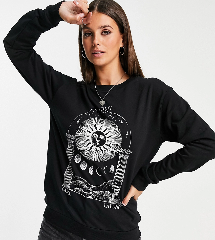ASOS DESIGN Tall – Sweatshirt in Schwarz mit Sonnenwende-Grafik günstig online kaufen