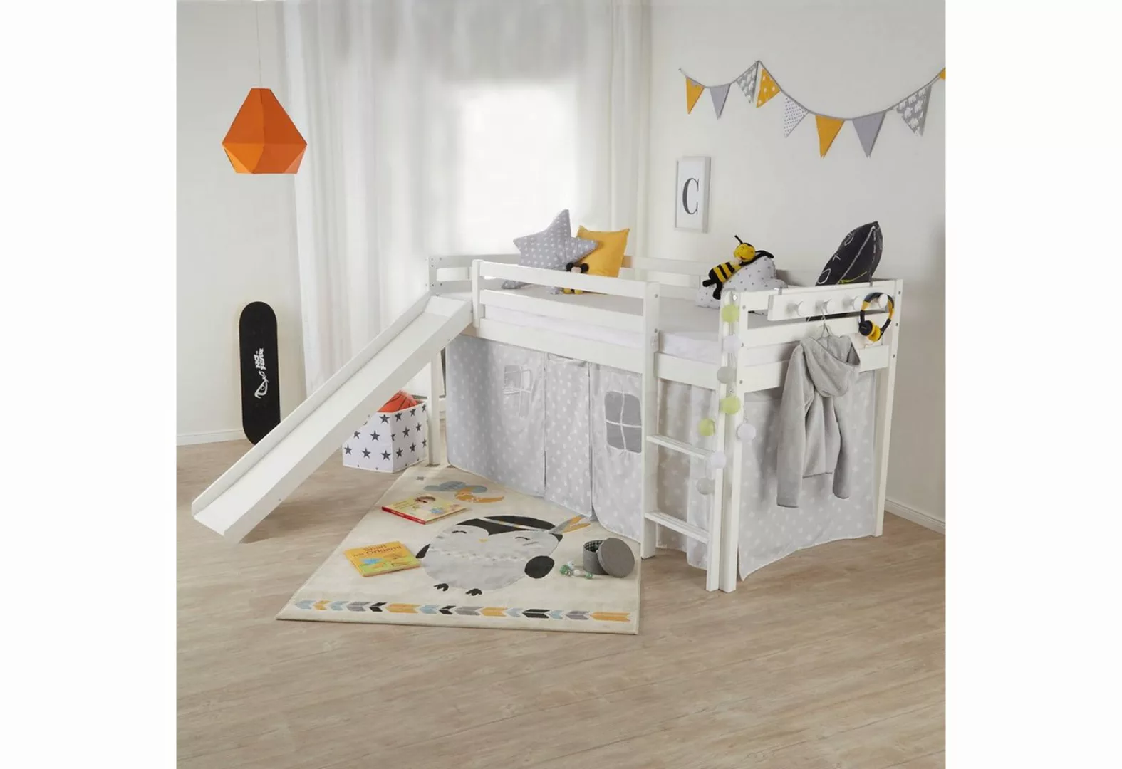 Homestyle4u Hochbett 90x200 Kinderbett Rausfallschutz Grau/Weiß Kinder Leit günstig online kaufen