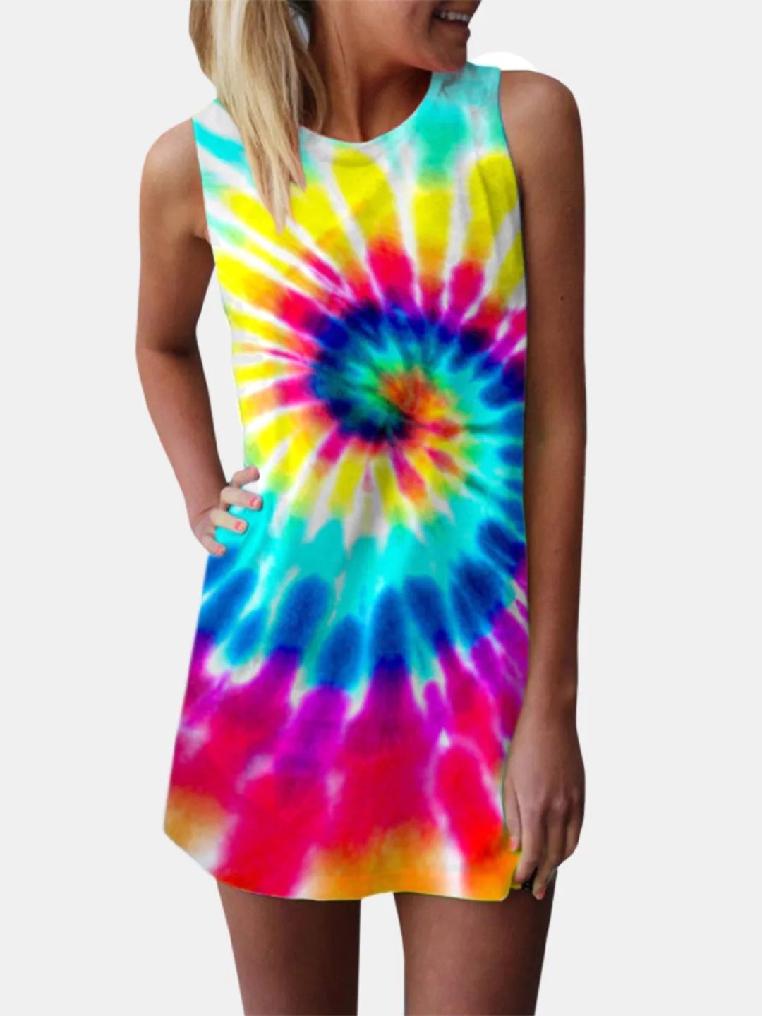 Tie-Dye Bedrucktes ärmelloses Mini-T-Shirt mit O-Ausschnitt Kleid günstig online kaufen