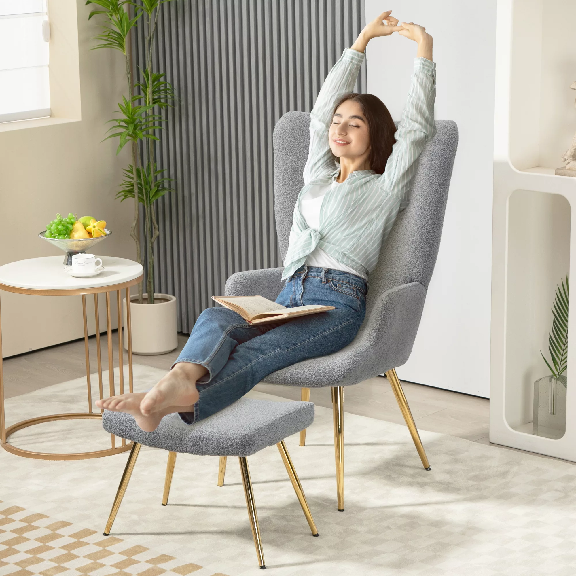 HOMCOM Sessel mit Fußhocker Lounge-Sessel Lesesessel mit goldenen Stahlbein günstig online kaufen